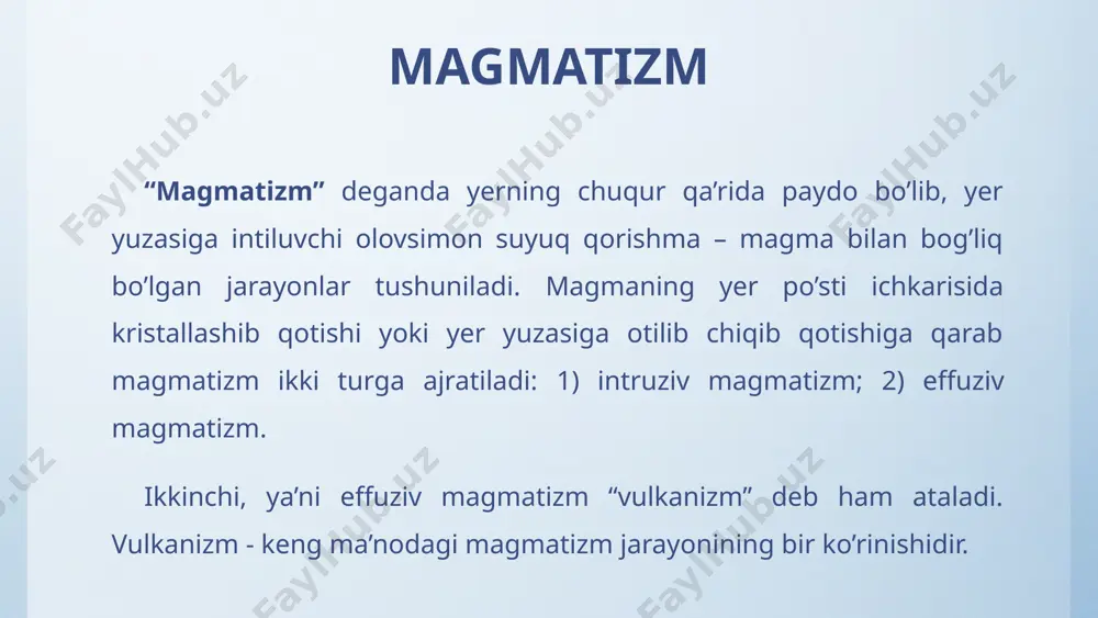 asining burchagiga qarab uzilmali buzilmalarning quyidagi turlari ajratiladi: 1) tushirma, 2) ko’tarma, 3) bostirma, 4) siljima, 5) kengayma, 6) qoplama, 7) gorst, 8) graben (8-rasm). 8-rasm. tog’ jinsi qatlamlari butunligini uzlishi, yorilishi va sinishi guruhlari: 1) sbros; 2) vzbros; 3) sdvig; 4) nadvig; 5) gorst; 6) graben. metamorfizm “metamorfizm” – tog’ jinslarini yuqori harorat va bosim hamda qaynoq eritma va gazlar ta’sirida o’zgartiruvchi jarayondir. bu jarayonda yerning ichki issiqligi, yuqori bosim, magmatizm va tektonik harakatlar faol ishtirok etadi. metamorfizmga uchragan jinslarga slanetsli tuzilish va minerallarning yo’l-yo’l joylashuvi xos xususiyatdir. ana shu omillarning qaysi biri ko’proq ta’sir etishiga qarab metamorfizmning quyidagi ko’rinishlari ajratiladi: dinamometamorfizm, termometamorfizm, pnevmatolit va gidrotermal metamorfizm, kontakt va regional metamorfizm. metamorfizm “dinamometamorfizm” – tog’ jinsi minerallarining bosim ta’sirida o’zgarishidir. bunda tog’ jinslari teksturasi o’zgaradi, masalan, yersimon gillar teksturasi slanetsli teksturaga aylanadi. “termometamorfizm” – tog’ jinslari kuchli qiziydigan joylarda ro’y beradi. issiqlik manbai bo’lib magma, qisman qaynoq gaz va …