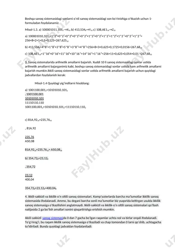 i o’tkazish uchun, berilgan son, o’tkazilishi kerak bo’lgan sanoq sistemasi asosiga bo’linadi. bo’linma qoldig’i belgilab qo’yiladi. bo’linma yana sanoq sistemasi asosiga bo’linadi. bu jarayon bo’linma sanoq sistemasi asosidan kichik bo’lguncha davom ettiriladi. hosil bo’lgan qoldiqlar oxiridan boshlab navbati bilan yozib chiqiladi. misol-1.1. a) 26710 →x2 b) 26710 →y8 c) 26710 →x16 267| 2 a) 266| 133| 2 1 132| 66| 2 1 66| 33| 2 0 32| 16| 2 1 16| 8| 2 0 8| 4| 2 0 4| 2| 2 0 2| 1 0 demak, 26710=1000010112 267| 16 c) 256| 16| 16 11 16| 1 0 demak, 26710=10b16 267| 8 b) 264| 33| 8 3 32| 4 1 demak, 26710=4138 o’nli sanoq sistemasidagi sonlarni kasr qismini boshqa sanoq sistemasiga o’tkazish uchun, kasr qismini sanoq sistemasi asosiga ko’paytiriladi, hosil bo’lgan sonni butun qismi belgilab qo’yiladi va kasr qismi esa yana sanoq sistemasi asosiga ko’paytiriladi. bu jarayon yetarli aniqlikda hisoblanguncha davom …