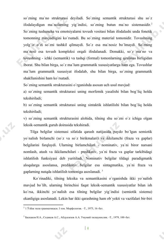 elgilar tildagi paradigmatik aloqalarga asoslansa, predikativ belgilar esa sintagmatika, ya`ni fraza va gaplarning nutqda ishlatilish tomoniga asoslanadi. ko`rinadiki, tilning leksika va semantikasini o`rganishda ikki yo`nalish mavjud bo`lib, ularning birinchisi faqat leksik-semantik xususiyatlar bilan ish ko`rsa, ikkinchi yo`nalish esa tilning belgilar yig`indisi (semiotik sistema) ekanligiga asoslanadi. lekin har ikki qarashning ham ob`yekti va vazifalari bir-biri bilan bog`liqdir. so`zning semantik strukturasi so`zlashuv situatsiyasida yoki kontekstda kengroq ochiladi. so`zning farqlanish alomatlari sema deb ataladi. leksik qatlamda semantemaga leksema to`g`ri keladi. semalar fonologiyadagi fonemalarning farqlanish belgilariga o`xshaydi. farqi shuki, semalar o`rtasidagi munosabat m`ano bilan aloqadordir. semantikada qaysi ma`nolar semalarga tegishli va qaysilari ularga tegishli emasligi aniq emas. bunda bir-biriga yaqin ma`nolar, yani semalar sinonimik ma`nolar sifatida qaralishi ma`lum bir aniqlikka asoslanadi. so`z tilning eng asosiy va markaziy birligi bo`lib, an`anaviy jihatdan aytilishi va ma`no birligi, tilshunoslar tomonidan haqiqiy va formal ma`nolar, formal va semantik ma`nolar, grammatik va leksik ma`nolarning qarama-qarshiligi sifatida qarab kelinadi. so`zlarga …