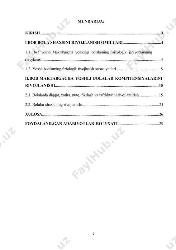 atda bo'lish odatlarini singdiradi, yaxshilik, haqiqatgo'ylik, adolat, jasurlik, kamtarinlik, kattalarga hurmat bilan qarash, tabiatga qiziqish, kuzatuvchanlik, o'simlik va hay vonlarga g'amxo'rlik bilan qarash, mehnatsevarlik, kattalar mehnati natijalarini asrab-avaylash kabi axloqiy sifatlar tarbiyalaydi. yuqoridagilarni hisobga olgan holda kurs ishining dolzarbligi asoslandi. maktabgacha ta'limning maqsad va vazifalari. davlat talablarida maktabgacha ta'lim-tarbiyaning mazmuni. bolalarni maktabga tayyorlash fanining boshqa fanlar bilan aloqasi. maktabgacha ta'lim muassasasida ta'lim- tarbiya ishini davr talabi ekanligi. maktabgacha ta'lim muassasasida bolalarni rivojlantirish bosqichlari. maktabgacha ta'lim muassasasida davlat talablari asosida bolalarni maktabga tayyorlash. maktabga tayyor bolaga qo'yiladigan davlat talablari. «ta'lim to'g'risida»gi qonun va «kadrlar tayyorlash milliy dasturi»da maktabgacha ta'lim. maktabgacha ta'lim to'g'risidagi nizomda maktabgacha ta'lim vazifalari. maktabgacha ta'limni tashkil etish va maktabgacha ta'lim turiga pedagogik kadrlarni tayyorlash masalalari. maktabgacha tarbiya konsepsiyasi mazmuni. maktabgacha yoshdagi bolalarning ma'naviy etukligiga qo'yiladigan davlat talablari. maktabgacha yoshdagi bolalarning ma'naviy jixatdan etukligiga qo'yiladigan minimal talablar. bolalarning ma'naviy kamolotini tarbiyalashdaoila va maxallaning roli. har bir maktabgacha ta'lim muassasasi …