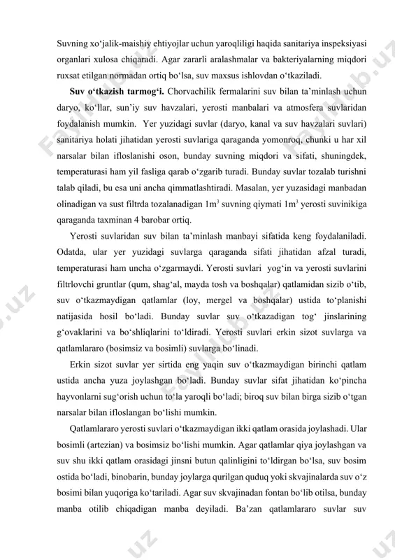 butun qalinligini to‘ldirgan bo‘lsa, suv bosim ostida bo‘ladi, binobarin, bunday joylarga qurilgan quduq yoki skvajinalarda suv o‘z bosimi bilan yuqoriga ko‘tariladi. agar suv skvajinadan fontan bo‘lib otilsa, bunday manba otilib chiqadigan manba deyiladi. ba’zan qatlamlararo suvlar suv saqlaydigan qatlamni batamom to‘ldirmaydi, ya’ni erkin yuzaga ega bo‘ladi; bunday holda manba bosimsiz bo‘ladi. bosimsiz yerosti suvlari yer sirtiga qaynar buloq yoki oqar buloq shaklida bo‘lishi mumkin. suv nasosi. nasoslar deb suyuqliklarni ko‘tarish, haydash va siljitish uchun belgilangan gidravlik mashinalarga aytiladi. suv ko‘targichlarning nasoslardan farqi shundaki, ular faqat suyuqliklarni ko‘tarish uchun xizmat qiladi. nasos va suv ko‘targichlarni harakatga keltirish uchun elektr, shamol va issiqlik dvigatellaridan foydalaniladi. ishlash jarayoniga ko‘ra nasoslar quyidagi asosiy guruhlarga bo‘linadi: — parrakli, aylanuvchi ish g‘ildirakli; — hajmiy (siqib chiqaruvchi) nasoslar, bularga porshenli va rotorli (vintli, shesternali va boshqalar) nasoslar kiradi; — jarayonli nasoslar (ejektorlar), bularda suyuqliklarni uzatish uchun biror boshqa suyuqlik oqimining energiyasidan foydalaniladi. suv ko‘targichlarning quyidagi turlari qo‘llaniladi: …
