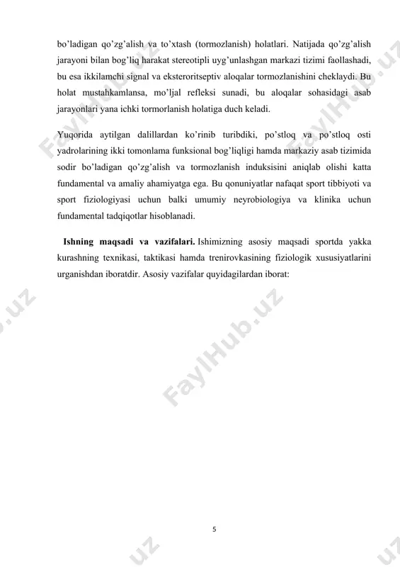 un balki umumiy neyrobiologiya va klinika uchun fundamental tadqiqotlar hisoblanadi. ishning maqsadi va vazifalari. ishimizning asosiy maqsadi sportda yakka kurashning texnikasi, taktikasi hamda trenirovkasining fiziologik xususiyatlarini urganishdan iboratdir. asosiy vazifalar quyidagilardan iborat: i-bob. kurashchilarning kuch sifati va uni takomillashtirish 1.1.mustaqillikka erishgandan keyin kurashning rivojlanishi. butun jahon nigohiga tushib, dovrug’ va shuhral qozonayotgan. millionlarni uziga mahliyo etgan kurash ham jahonning yuksak ma’naviy qadriyatlaridan biri sifatida o'zining chuqur tarixiy ildizlariga egadir. tarixshunos, qadimshunos, elslumos va faylasuf olimlarning olib borgaii tadqiqotlari, izianishlari va arxeologik ilmiy qidiruvarl, knzatishlari natijasida topilgan ashyoviy daiillar kurashning yoshi kamida 2,5 - 3 ming yildan ziyodligini isbotlaydi. surxon, zarafshon vohalari hamda farg'ona vodiysining bir qator qadimgi aholi manzilgohlarida aniqlangan noyob topi]malar, asoriatiqlari, qoyalarga bitiigan tasviriy san'at namunalari ham bunga to'liq shohidlik beradi. " kurashimiz tarixini ilmiy isbotlab beradigan 6 ta topilma-ashyoviy dalil mavjud.chunonchi, panjikentdan topilgan kurashayotgan ikki pahlavonning devoriy rasmi sug'diyona davlatchiligiga, ya'niy o'rta asrlar davriga oid noyob yodgorlik …