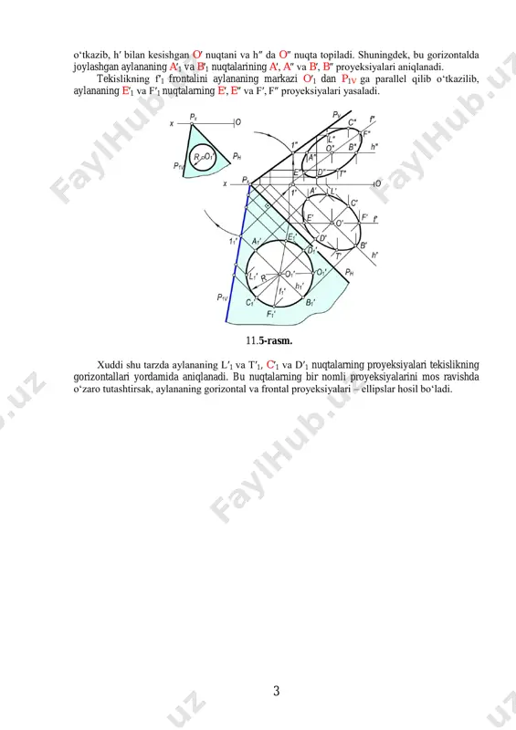 hli ∆abc(a′b′c′, a″b″c″) ning (11.4–rasm) haqiqiy o‘lchami uning a, b va c nuqtalarini v tekislikka jipslashtirish yo‘li bilan aniqlanadi. tekislikning jipslashgan holati berilgan bo‘lsa, uning dastlabki vaziyatini tiklash mumkin. tekislikning dastlabki vaziyatini aniqlash natijasida tekislikka tegishli bo‘lgan shakllarning ham proyeksiyalarini aniqlash mumkin. 11.3-rasm. 11.4-rasm. masalan, p tekislikning h tekislikka jipslashtirilgan vaziyati ph, pv, p1v izlari va shu tekislikka tegishli o1 markaz va r radiusli aylana berilgan bo‘lsin (5–rasm). bu aylananing p tekislikdagi proyeksiyalarini yasash uchun aylana markazidan tekislikning h′1 gorizontali o‘tkaziladi va 1′1 nuqta aniqlanadi. bu nuqtadan tekislikning pn iziga perpendikulyar o‘tkazib, ox proyeksiyalar o‘qiga tegishli 1′ nuqta topiladi. bu nuqtadan h′1 ning h′ proyeksiyasi o‘tkaziladi. so‘ngra px markazdan px1′1 radius bilan o‘tkazilgan yoyning 1′ dan ox o‘qiga o‘tkazilgan perpendikulyar bilan kesishgan 1″ nuqtasi topiladi. bu nuqtadan h′1 ning h″ proyeksiyasini o‘tkaziladi. so‘ngra 1″ va px nuqtalar tutashtirilib, tekislikning pv izi hosil qilinadi. aylana markazining proyeksiyalarini yasash uchun o′1 dan …