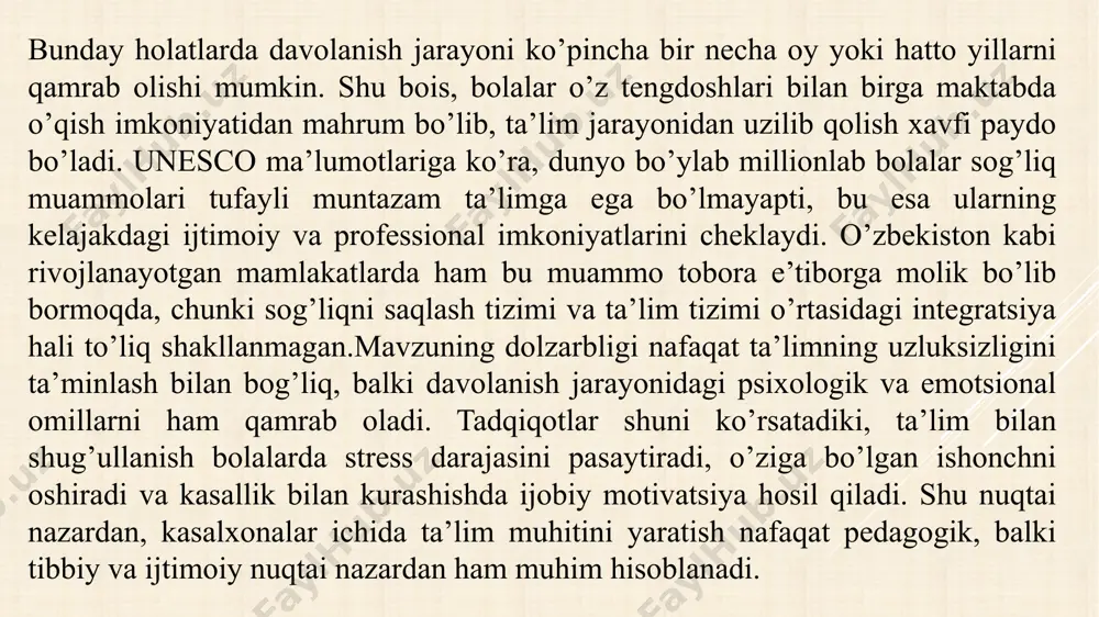 da qiyinchiliklarga duch keladi. shu sababli, kasalxona sharoitida ta’limni tashkil etish ularning kelajakdagi hayot sifatini oshirishga xizmat qiladi. uzoq muddatli davolanishga muhtoj bo’lgan bolalarning ta’lim olishdagi muammolarini tahlil qilish.kasalxona sharoitida ta’lim muhitini shakllantirishning xalqaro tajribalarini ko’rib chiqish.o’zbekiston sharoitida ushbu muammoni hal qilish uchun takliflar ishlab chiqish.ta’lim muhitining bolalarning davolanish jarayoniga ta’sirini dalillar asosida baholash.muammoning tahlili. tibbiyot muassasalari statsionarlarida uzoq muddatli davolanayotgan bolalar uchun ta’lim muhitining yo’qligi bir qator muammolarni keltirib chiqaradi. birinchidan, bolalar o’quv dasturidan orqada qoladi. o’zbekiston respublikasida maktab ta’limi majburiy bo’lib, har bir bola o’qish huquqiga ega. biroq, kasalxona sharoitida bu huquqni amalda ta’minlash uchun yetarli infratuzilma va dasturlar mavjud emas. ikkinchidan, o’qituvchilarning kasalxona sharoitida ishlash uchun maxsus tayyorgarligi yo’q. uchinchidan, davolanish jarayoni vaqtining ko’p qismini olganligi sababli ta’lim uchun resurs ajratish qiyinlashadi.xalqaro tajriba. dunyoning ko’plab mamlakatlarida bu muammo muvaffaqiyatli hal qilinmoqda. masalan, aqshda “hospital education program” doirasida kasalxonalarda maxsus o’qituvchilar jamoasi ishlaydi. ular davolanish jadvaliga moslashtirilgan individual …