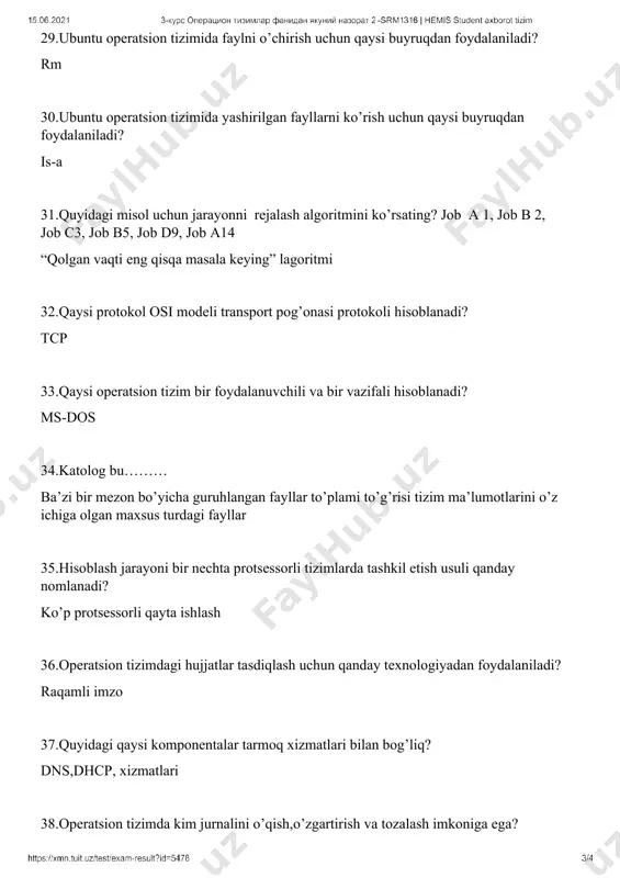 oydalaniladi? is-x 56. ubuntu fayl hajmi bo’yicha saralash uchun qanday buyruqlardan foydalaniladi? is-s 57.oqimlarni rejalashtirish quyidagi vazifalarni hal qilish o’z ichiga oladi? yangi oqimni bajarish uchun ishga tushirish,o’zgartirilishi kerak bo’lgan joriy kontekstini saqlash 58.kompyuter operatsion tizimi-bu ……… foydalanuvchining kompyuterga tizimi bilan o’zaro aloqasini ta’minlaydigan,shuningdek,kompyuter tiziming resurslarini boshqaradigan apparat-dasturiy kompleks 59.tashqi xotiradan foydalanadigan xotirani taqsimlash algoritmi tanlang: sahifani bo’limlar 60.broadcast ip manzilni ko’rsating? 172.16.13.255 61.unix operatsion tizimida fayl nomini maksimal uzunligi qancha? 255 62.osi etalon modelining birinchi pog’onasi qanday nomlanadi? fizik 63.operatsion tizimda maqomidagi foydalanuvchilar qanday imkoniyatga ega? fayllarni ochish 64.hisoblash jarayoni bir nechta protsessorli tizimlarda teshkil etish usuli qanday nomlanadi? ko’p protsessorli qayta ishlash 65.qaysi protokol gipermatnni ikkita kompyuter o’rtasida uzatish uchun mo’ljallangan? http 66.qaysi elektron pochta agenti qabul qilingan electron pochta xabarlarini ko’rsatadigan va electron pochta xabarlariga javob berish,yaratish,yo;nalishni ta’minlaydigan foydalanuvchi interfeysini taqdim etadi? mua(matnli user agent) 67.berilgan 255.255.255.240/28 maskada ip adrelar nechta? 16 68.agar kodlar va ma’lumotlar bilan …