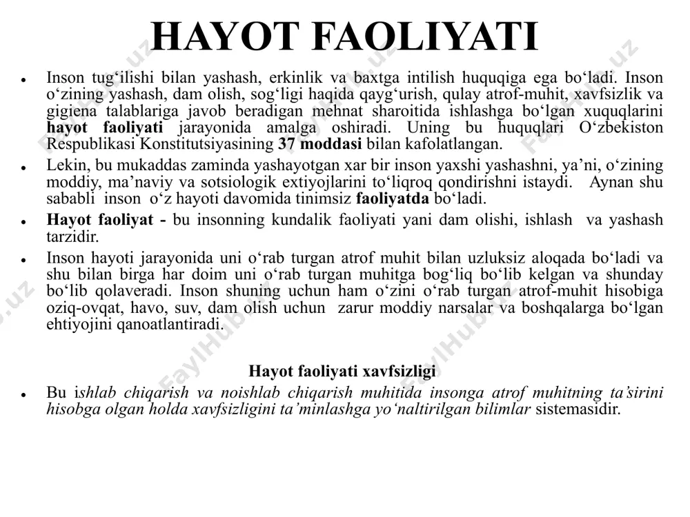 lar davomida shakllangan. zamonaviy olimlar biosferani moddalarni planeta bo‘yicha harakatini ta’minlovchi yirik, global ekosistema sifatida qarashadi. hozirgi erada hayot er qatlamining yuqori qismida litosfera, erning pastki havo qobig‘ida atmosfera va er sharining suvli qobig‘ida gidro-sfera tarqalgan. texnosfera - o‘tmishda biosferaga taalluqli bo‘lgan keyinchalik insonlar tomonidan moddiy,ijtimoiy-iqtisodiy ehtiyojlarini yanada yaxshilash maqsadida to‘g‘ridan-to‘g‘ri yoki sirtdan texnik vositalar bilan ta’sir etgan hududdir. texnosfera insonlar tomonidan texnik vositalar yordamida yaratilgan shaharlar, qo‘rg‘onlar, qishloq aholi punktlari, sanoat va korxonalar zonasi band etgan hududlar hisoblanadi. mexnat muxofazasi - bu ishchilarning mexnat jarayonida xayotini, sog‘lig‘ini saqlash tizimi bo‘lib, u o‘z ichiga xuquqiy, sotsial-ijtimoiy, tashkiliy-texnikaviy, sanitar-gigienik, sog‘lomlashtirish-profilaktika, reabilitatsiya va boshqa tadbirlarni qamrab oladi; mexnat sharoitiga - mexnat jarayonida ishchilarga ularning ishchanligi va sog‘lig‘iga ta’sir etuvchi ishlab chiqarish omillari kiradi; xavfli ishlab chiqarish omillar - bu ish vaqtida ishchi shikastlanishi mumkin bщlgan salbiy xolatlar; zararli ishlab chiqarish omillari –bu ishchini kasallikka duchor qilishi mumkin bo‘lgan salbiy omillardir; xavfsiz ishlab …