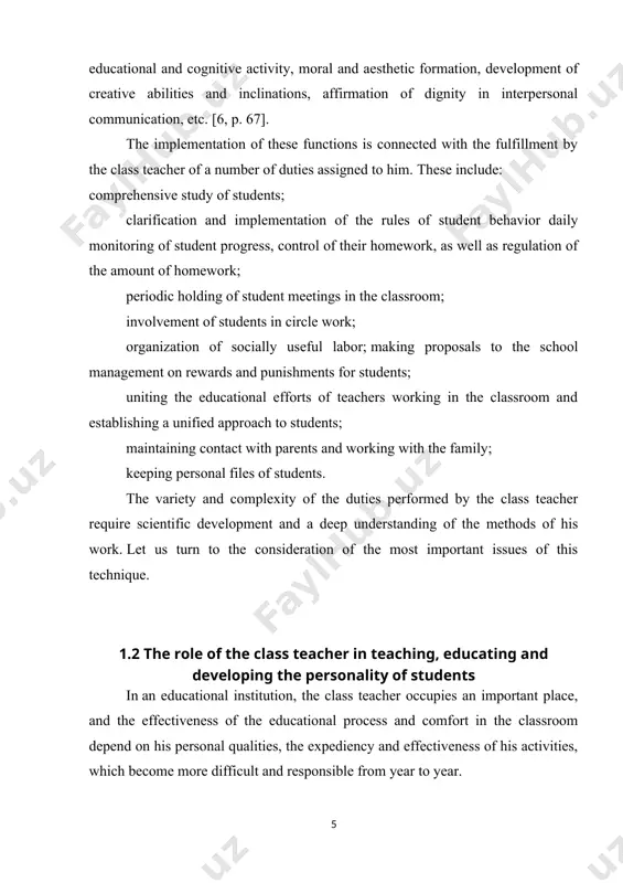 aking proposals to the school management on rewards and punishments for students; uniting the educational efforts of teachers working in the classroom and establishing a unified approach to students; maintaining contact with parents and working with the family; keeping personal files of students. the variety and complexity of the duties performed by the class teacher require scientific development and a deep understanding of the methods of his work. let us turn to the consideration of the most important issues of this technique. 1.2 the role of the class teacher in teaching, educating and developing the personality of students in an educational institution, the class teacher occupies an important place, and the effectiveness of the educational process and comfort in the classroom depend on his personal qualities, the expediency and effectiveness of his activities, which become more difficult and responsible from year to year. today, education can no longer be organized …