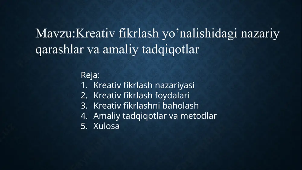 rni amaliyotga tadbiq etish. bu bosqichda g'oyalar konkret natijalar va foyihalar shaklida amalga oshiriladi. kreativ fikrlashning foydalari kreativ fikrlashni baholash kreativ fikrlashning baholash usullari zamonavig texnologigalarning ta'siri zamonaviy texnologiyalar ijodiy fikrlashni rivojlantirishda muhim rol o'ynaydi. amaliy tadqiqotlar va metodlar kreativlikni o‘lchash: torrance testi (ttct) – divergent fikrlashni baholash. remote associates test (rat) – assotsiativ fikrlashni tekshirish. alternative uses task (aut) – ob’ektlarning noan’anaviy ishlatilish usullarini topish. kreativlikni rivojlantirish texnikalari: beyinstorming (a. osborn) – g‘oyalarni erkin ifodalash. scamper (eberle) – mavjud g‘oyalarni takomillashtirish. triz (altshuller) – texnik innovatsiyalar uchun tizimli yechimlar. eksperimental tadqiqotlar: meditatsiya va kreativlik (zabelina, 2015) – meditatsiya divergent fikrlashni oshiradi. fizik faollik va kreativlik (steinberg, 2020) – jismoniy mashqlar kognitiv moslashuvchanlikni yaxshilaydi. ta’limda kreativlik: steam yondashuvi (fan, texnologiya, muhandislik, san’at, matematika) – interfaol o‘qitish metodlari. design thinking – talabalarda muammolarni kreativ hal qilish qobiliyatini rivojlantirish. xulosa: kreativ fikrlash tadqiqotlari nazariya va amaliyotni uyg‘unlashtirib, inson qobiliyatlarini rivojlantirishga qaratilgan. zamonaviy …