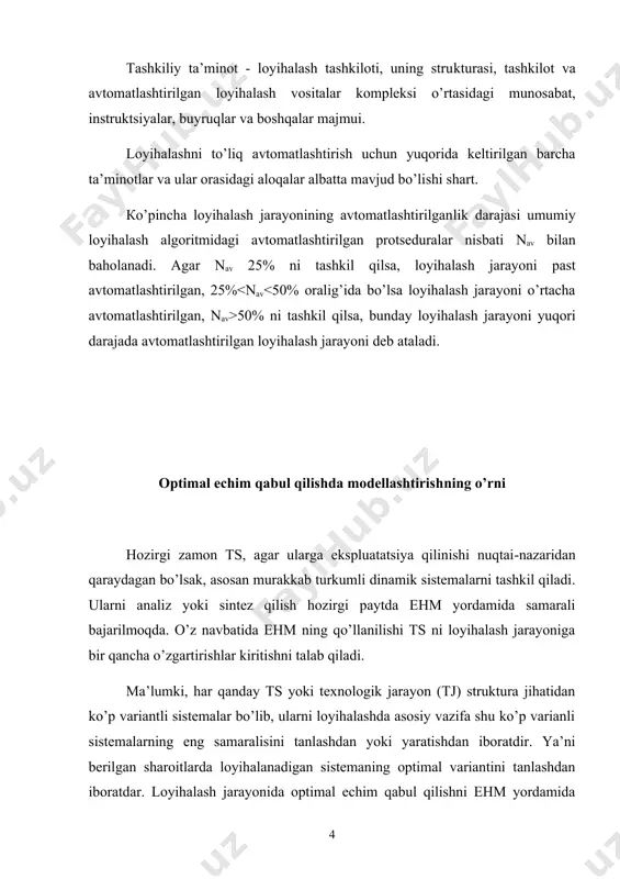 avtomatlashtirilgan loyihalashda ob’ekt yoki jarayonlarning matematik modellaridan foydalanish maqsadga muvofiqdir. matematik modellashtirish ob’ekt va jarayonlarning xilma-xilligiga qaramasdan ularni ko’pincha bir xil turdagi algebraik, differentsial yoki integro-differentsial tenglamalar bilan tavsiflashga asoslangan. misol tariqasida elementar fizikadan olingan quyidagi munosabatlarni olaylik: 1. qattiq jismning harakat tenglamasi mdv/dt=ғ (bunda m-massa, v-tezlik, ғ-kuch) differentsial tenglamada ifodalanadi; 2. shu jismning aylanma harakati jdw/dt=m (bunda j-inertsiya momenti, w-burchak, m-moment) differentsial tenglamada ifodalanadi; z. idishdagi suyuqlik sathining o’zgarishi sdh/dt=q (bunda s-yuza, h-sath, q-sarf) differentsial tenglamada ifodalanadi; 4. invduktiv elementli o’zgaruvchan tok zanjiri ldi/dt=u (bunda l-induktivlik, i-tok kuchi, u-kuchlanish) differentsial tenglamada ifodalanadi. agar yuqoridagi ғ, m, q va u larni x bilan, v, w, h va i larni u bilan, m-1, j-1, s-1 va i-1 larni к bilan belgilasak, yuqoridagi barcha hollar uchun quyidagi umumlashtirilgan xususiyatga ega bo’lgan matematik modelini hosil qilamiz: du / dt = kx demak, ko’rib chiqilgan 4 xil ob’ektning barchasi o’zgarmas koeffitsientli 1-tartibli differentsial tenglama …