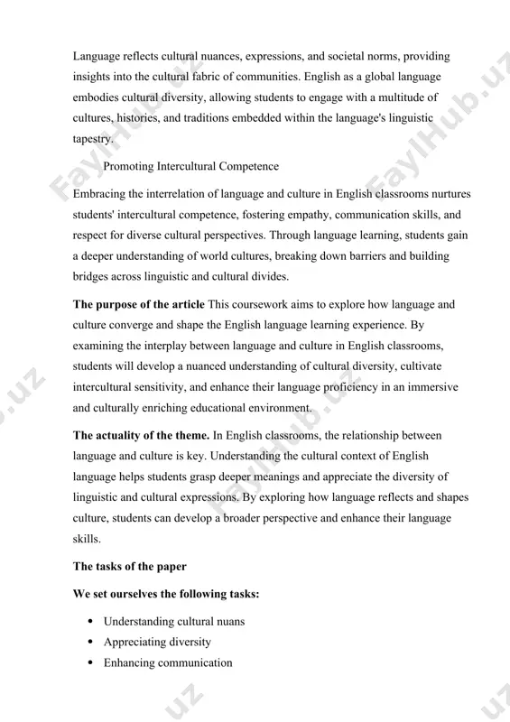 hereby work consists of introduction, main chapter with 2 parts, conclusion and the list of the used literature. chapter i. the interrelationship between language and culture 1.1 language as “culture expressing itself in sound" language and culture are deeply intertwined and influence each other in many ways. language is the primary mode of communication within a culture, and it reflects and shapes the values, beliefs, customs, and practices of that culture. as such, language is not only a tool for communication but also a repository of cultural knowledge and identity. one of the ways in which language and culture are interconnected is through the vocabulary and terminology specific to each culture. different cultures may have words or concepts that are unique to their language and that reflect their particular values, beliefs, or practices. for example, the inuit have multiple words for snow, which reflects the importance of snow in their …