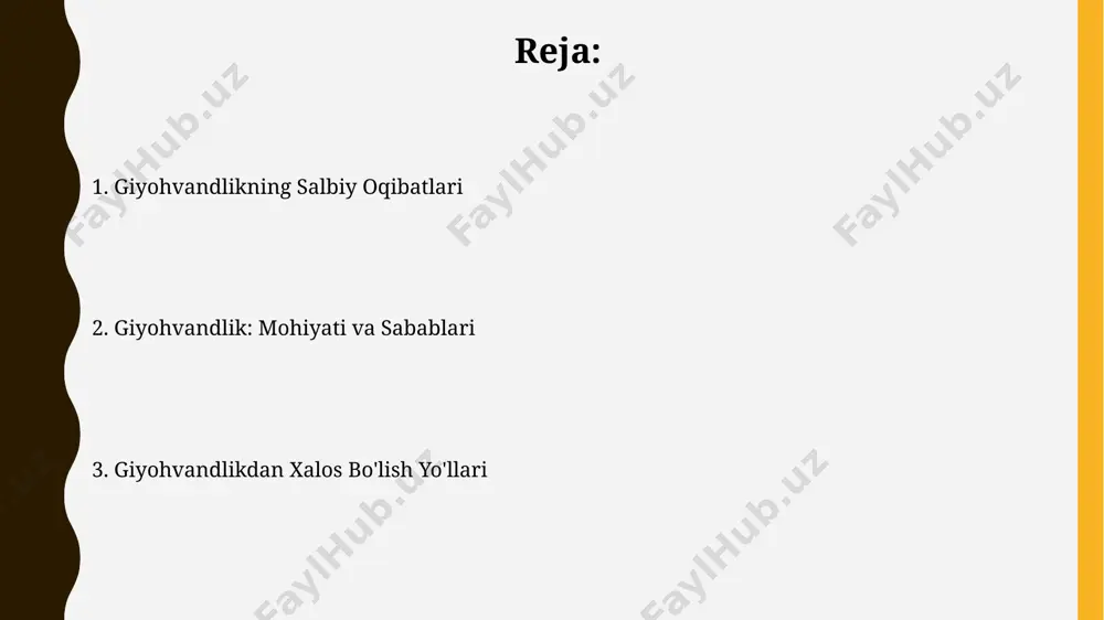 parchalanishiga olib keladi, 70% dan ortiq giyohvand giyohvandlarning oilalari buzilgan. statistik ma’lumotlarga ko‘ra, bu ijtimoiy muammolarni kuchaytiradi. qo'llab-quvvatlash guruhlari qo'llab-quvvatlash guruhlari, o'rtacha 10-15 kishidan iborat bo'lib, a'zolar o'z tajribalari bilan o'rtoqlashib, ruhiy qo'llab-quvvatlash va muloqot orqali tiklanish jarayonini osonlashtiradi. 12 qadamli dasturlar kabi ko'plab qo'llab-quvvatlash guruhlari, o'z-o'zini boshqarish va maqsadga yo'naltirilgan yondashuvlar orqali qaramlikdan xalos bo'lishga yordam beradi. giyohvand moddalar turlari opiatlar guruhiga kiradigan giyohvand moddalar, masalan, geroin, markaziy asab tizimini kuchli bostiradi, dozani oshirib yuborish 100 dan ortiq o'limga olib kelishi mumkin. stimulyatorlar, masalan, kokain, yurak urishini tezlashtiradi va qon bosimini oshiradi, uzoq muddatli foydalanish 25% holatlarda ruhiy kasalliklarni keltirib chiqarishi mumkin. reatsiyalarni boshqarish reaktsiyalarni boshqarish qobiliyatining pasayishi giyohvand moddalar ta’siridan dopamin darajasining o‘zgarishi bilan bog‘liq bo‘lib, 50% gacha sekinlashishi mumkin. giyohvandlik davolash jarayonida reaktsiyalarni boshqarishni yaxshilash uchun kognitiv-xulq terapiyasi va 12 bosqichli dasturlar samarali vositalar hisoblanadi. kelajakdagi tadqiqotlar giyohvandlikni davolashning samaradorligini yaxshilash uchun yangi dorilar va psixoterapiya usullarini …