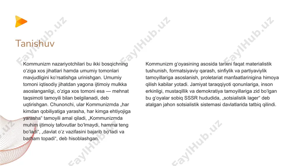 hakllanishida namoyon bo'ldi. ijtimoiy sohada "harbiy kommunizm" "kim ishlamaydi, u ovqat yemaydi" tamoyiliga tayanadi. 1918 yilda mehnat xizmati sobiq ekspluatatsiya mutaxassislari vakillari va 1920 yilda universal mehnat xizmati taqdim etildi. mehnat resurslarini majburiy jalb qilish transport, qurilish ishlarini qayta tiklashga yo'naltirilgan mehnat arablari yordamida amalga oshirildi. ishonch, kommunal va pochta va telegraf xizmatlarini bepul taqdim etishga olib keldi. xulosa siyosiy sohada "harbiy kommunizm" davrida rcp (b) rok (b) ning diktaturasi tashkil etildi. bolsheviks partiyasi faqat siyosiy tashkilot bo'lib, asta-sekin davlat tuzilmalari bilan kurashdi. unda mamlakatdagi siyosiy, mafkuraviy, iqtisodiy va madaniy vaziyat, hatto fuqarolarning shaxsiy hayoti ham aniqlandi. e’tiboringiz uchun rahmat.😄 image5.jpeg image1.png image2.png image3.png image4.png image6.png image7.jpeg