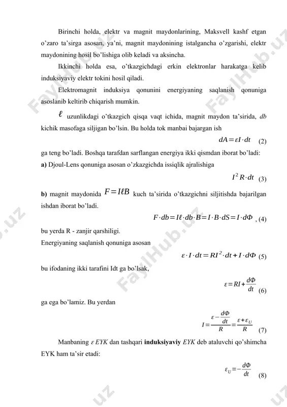 doimo shunday yo’nalishga ega bo’ladiki, u hosil qilgan magnit maydoni shu tokni vujudga keltiruvchi magnit oqimining o’zgarishiga qarshilik qiladi. yopiq zanjir n - ta o’ramlardan iborat bo’lsa va magnit oqimining kuch chiziqlarining har biri shu o’ramlarni kesib o’tsa (2 - rasm), 2 - rasm. n ta o’ramlardan iborat yopiq zanjir u holda bu oqimning o’zgarishi, zanjirda induksiyaviy eyk ni hosil qiladi: (9) bu yerda = nф - oqim tutilishi deb ataladi. kuch chiziqlariga perpendikulyar bo’lgan o’q atrofida, b induksiyali bir jinsli magnit maydonida doimiy burchak tezlik bilan aylanayotgan, har bir s yuzaga ega bo’lgan b o’ramlardan iborat ramkaning elektromagnit induksiyasini ko’rib chiqamiz (3 - rasm) 3 - rasm. b induksiyali magnit maydonida aylanayotgan n o’ramli ramka boshlang’ich momentda (t = 0), ramka tekisligi b yo’nalishga perpendikulyar bo’lsin. bu ramkani kesib o’tuvchi magnit oqimi фо=bs dan iborat. t momentda esa, u ф=bs · cos ga teng bo’ladi. ramkada magnit oqimining tutilishi …