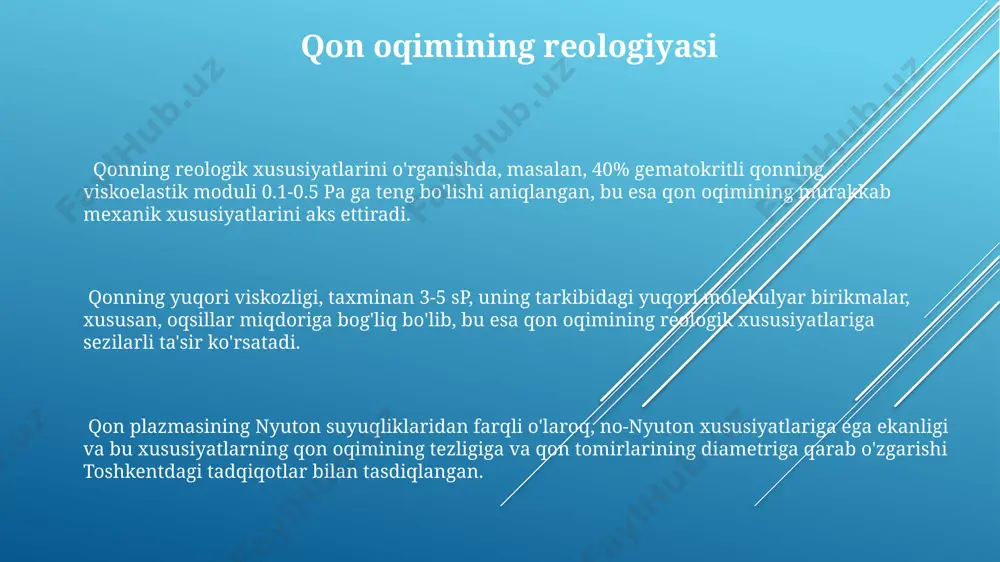 orodni o'pkadan to'qimalarga va karbonat angidridni to'qimalardan o'pkaga tashishdir. taxminan 7 mikrometr kattalikdagi bu hujayralar, bir kub millimetr qonda 4-5 million dona bo'ladi. qon plazmasining asosiy tarkibiy qismi suv (90% ga yaqin) bo'lib, unda oqsillar (albümin, globulin, fibrinogen), elektrolitlar (natriy, kaliy, kaltsiy), glyukoza va boshqa moddalar mavjud. bu tarkibiy qismlar organizmning turli hududlarida muvozanatni saqlashga yordam beradi. qonning tarkibida taxminan 55% plazma, 45% esa hujayrali elementlar (eritrotsitlar, leykotsitlar va trombotsitlar) bo'ladi, bu nisbatlar sog'lom odamlar uchun odatiy hisoblanadi va yoshga qarab biroz o'zgaradi. yuqori molekulali birikmalar haqida umumiy ma'lumot yuqori molekulali birikmalar, masalan, polimerlar, 1000 dan ortiq atomli birliklardan tashkil topgan bo'lib, ularning molekulyar massalari 104 dan 107 gacha g/mol oralig'ida bo'lishi mumkin va shuning uchun ko'plab sanoat sohalarida, jumladan, to'qimachilik sanoati va avtomobilsozlikda qo'llaniladi. polimer zanjirlarining uzunligi va tarmoqlanishi ularning fizik xossalarini, masalan, viskozitesini va erish nuqtasini aniqlaydi. masalan, 100000 dan ortiq molekulyar massaga ega bo'lgan polietilen tashkentda ishlab …