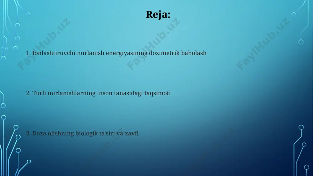 ir ko'rsatib, tananing chuqur qatlamlariga kirib boradi va suyak to'qimalarida 10-15% ga yuqori so'rilish koeffitsiyentiga ega. klinik amaliyotda dozimetriya terapevtik nurlanishda, masalan, brachyterapiyada, dozimetrik baholashda individual dozalarni hisoblashda 3 o'lchovli modellashtirish va 0.5 mm dan kam aniqlikdagi planlash tizimlari qo'llaniladi. yuqori energiyali nurlanish bilan ishlashda, masalan, 10 mev dan yuqori energiyali fotonlar, dozimetrik hisob-kitoblar monte-karlo simulyatsiyasi yordamida amalga oshiriladi, bu esa 0,1% dan kam xatolik bilan aniqlikni ta'minlaydi. dozimetrik usullar va texnologiyalar dozimetriyada termodalyum lyuminestsentsiyasi (tld) texnologiyasi, radiatsiyaga ta'sirlangan materialdagi nurlanish dozasini aniqlash uchun 100 mgy dan 10 gy gacha bo'lgan diapazonda ishlatiladi va yuqori aniqlikka ega. suv ekvivalentli fantom yordamida inson tanasidagi nurlanish taqsimotini simulyatsiya qilish, monte-karlo usuli yordamida 10 6 dan ortiq zarrachalar traektoriyasini modellashtirish orqali aniq dozimetrik ma'lumotlarni olish imkonini beradi. doza-ta'sir munosabatlari doza-ta'sir munosabatlarini o'rganishda, 1 gy dozasi turli to'qimalarda 10 dan 100 gacha bo'lgan nisbiy biologik samaradorlik koeffitsiyentlariga (kbe) ega bo'lishi mumkin. 0,5 gy dan …