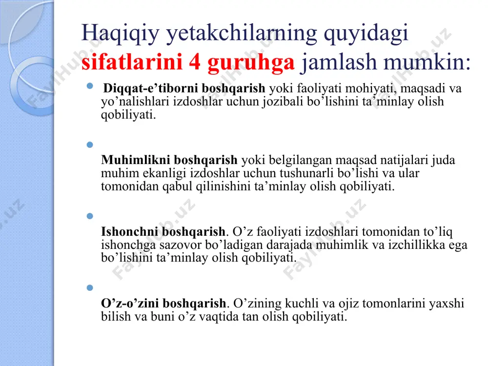 an kishilardir. raxbar temperamenti tavsifi flegmatiklar – og’ir, tepsa tebranmas, kayfiyatlari va intilishlari ancha barqaror, voqealar va hayot taassurotlarga loqayd kishilardir. ular chidamliligi, matonati, o’zini tuta bilishi bilan ajralib turadi. ular: ta’sirchanligi sust; bir turdagi ishdan ikkinchi turdagi ishga sekinlik bilan ko’chadilar; faolliklari kam; yangi sharoitga qiyinchilik bilan moslashadilar; harakatlari va nutqlari sust; ko’ngilsiz hodisa yuz berganda osoyishtaliklarini buzmaydilar; sabr-toqatli, chidamli bo’lib, so’zlaganda xotirjam, o’zga shaxslar bilan hayajonlanmay gaplashadilar. xoleriklar (qiziq qon) – ko’tarinki ruhda ishlay oladigan, qarshiliklarni yenga oladigan kishilar bo’lib, ularning ishlash zavqi kayfiyatining buzilishi bilanoq tez o’zgarishi mumkin. ular: tezkor; qat’iy; harakatchan; serjahl; o’zini yahshi ko’radigan; tez gapiradigan bo’ladi. melanxoliklarning ahvoli va ruhiyati bir hilda turmaydi. ular yomon kayfiyatga ko’proq moyil bo’ladilar, arzir-arzimas narsalardan qattiq kuyunaveradilar. ular: o’ta ta’sirlanuvchi xususiyatga ega; tez toliqadigan va o’ziga ishonmaydigan; tashvishsiz, lekin juda sezuvchan; nihoyatda arazchan; juda oz kuladigan; faolligi sust, tortinchoq, kamg’ayrat; arzimagan sabablarga ko’zlaridan yosh oqib ketaveradigan; yangi xodimlar …