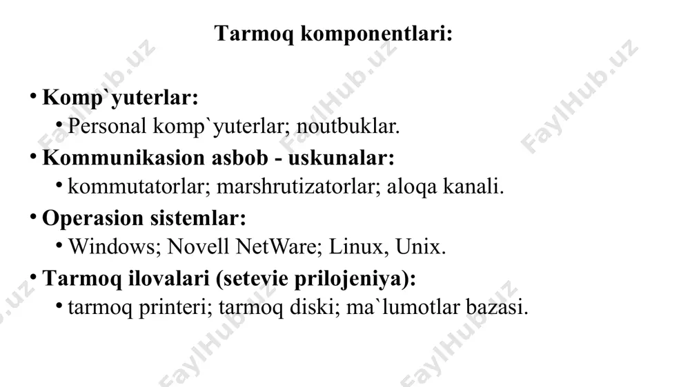 qali bir necha xalqaro standartlashtirish bо‘yicha tashkilotlar (international organization for standardization (ios), international telecommunications union, itu) yangi kommunikatsion protokollar stekini yaratishga kirishdilar. ularning muhim ishlarining natijasi bо‘lib ochiq tizimlar muloqat modeli (open system interconnection, osi) bо‘ldi. bu yerda ochiq tizim deb boshqa tarmoq qurilmalari bilan qabul qilinadigan va jо‘natiladigan ma’lumotlarning о‘lchami, tarkibi va qiymati bо‘yicha standart qoidalar yordamida muloqatga tayyor tarmoq qurilmalari tushiniladi. osi modelining vazifasi paketlarni kommutatsiyalovchi tarmoqlar uchun tarmoq muloqat vositalarini umumlashtirilgan standart shaklda tasavvur etishdan iborat. tarmoq bо‘yicha mutaxassislarning universal tili sifatida yaratilgan bо‘lib, aynan shuning uchun uni yana ma’lumotnoma modeli deb xam ataydilar. osi modeli quyidagilarni belgilab beradi: paketlarni kommunikatsiyalovchi tarmoqlardagi tizimlarning muloqot bosqichlarini; bosqichlarning standart nomini; xar bir bosqich bajaradigan vazifalarni. 7. amaliy bosqich 6. prezentatsiya bosqichi 5. aloqa vaqtining bosqichi 4. transpor bosqich 3. tarmoqli bosqich 2. kanalli bosqich 1. jismoniy bosqich 9.1 – rasm. osi modelining yetti bosqichi. uzatuvchi qabul qiluvchi axborotning yо’li …