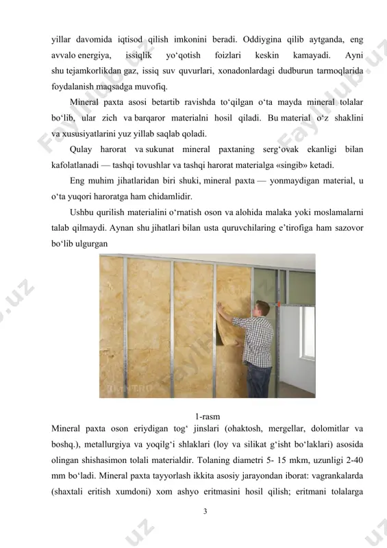 i, issiqlik o‘tkazuvchanlik koeffitsienti kichik ( 0,04-0,55 vt(m.0s)), biologik muhitlarga bardoshli materialdir. mineral paxtani tashish, saqlash, ishlatish oson bo‘lishi uchun granulalanadi (yumaloqlanadi). u maxsus qog‘ozlarga o‘ralgan holda tashiladi; devorlar bo‘shliqligi, qavatlararo plitalar kovaklari, issiq suv magistrallari va boshqa konstruksiyalarda issiqlik izolyasiyasi materiali sifatida ishlatiladi. mineral paxta namat, matolar, (to‘shak) yarim bikr va bikr plitalar, gofri tuzilishidagi buyumlar, qobiqlar, segment va boshqa buyumlar tayyorlash uchun yarim fabrikat hisoblanadi. mineral paxta matlar list yoki o‘rama material bo‘lib, bitta yoki ikkala matni pishiq iplar bilan tikiladi va bitum shimdirilgan qog‘ozga o‘raladi. 3-rasm matlar uzunligi 3000-5000 mm, eni 500 va 1000mm va qalinligi 50100 mm o‘lchamlarda bo‘ladi. mat o‘rtacha zichligi (kg m 3 ) bo‘yicha 100 markada ishlab chiqariladi. uning issiqlik o‘tkazuvchanligi 0,04 vt(m.0s). matlar grajdan va sanoat binolarining to‘sish konstruksiyalari, texnologik uskunalar va truboprovodlarni issiqlik izolyasiyasi uchun qo‘llaniladi. mineral paxta qattiq plitalar yuqori darajada bikr bo‘lib, fenolformaldegid yoki karbamid-formaldegid va boshqa polimer bog‘lovchilar …