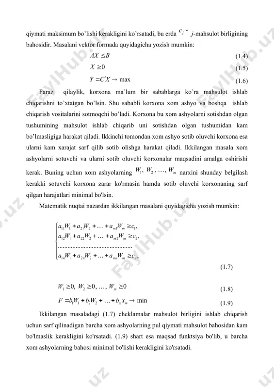 b oluvchi korxonalar maqsadini amalga oshirishi kerak. buning uchun xom ashyolarning narxini shunday belgilash kerakki sotuvchi korxona zarar ko'rmasin hamda sotib oluvchi korxonaning sarf qilgan harajatlari minimal bo'lsin. matematik nuqtai nazardan ikkilangan masalani quyidagicha yozish mumkin: (1.7) (1.8) (1.9) ikkilangan masaladagi (1.7) cheklamalar mahsulot birligini ishlab chiqarish uchun sarf qilinadigan barcha xom ashyolarning pul qiymati mahsulot bahosidan kam bo'lmaslik kerakligini ko'rsatadi. (1.9) shart esa maqsad funktsiya bo'lib, u barcha xom ashyolarning bahosi minimal bo'lishi kerakligini ko'rsatadi. ikkilangan masala matritsa formada quyidagicha yoziladi: (1.10) (1.11) (1.12) (1.1)-(1.3) va (1.7)-(1.9) masalalar "o'zaro simmetrik bo'lgan qo'shma masalalar" deyiladi. bu masalalarning har birida chegaraviy shartlar tengsizliklardan iborat bo'ladi, hamda noma'lumlarning manfiy bo'lmasligi talab qilinadi. simmetrik bo'lmagan qo'shma masalalar umumiy holda quyidagicha qo'yiladi: berilgan masala (1.13) (1.14) (1.15) ikkilangan masala (1.16) (1.17) bu masalalardan ko'rinadiki, agar berilgan masaladagi cheklamalar tenglama ko'rinishida bo'lsa, u xolda ikkilangan masaladagi chegaraviy shartlar tengsizlik ko'rinishida bo'ladi, ularning yoki ko'rinishida bo'lishi …