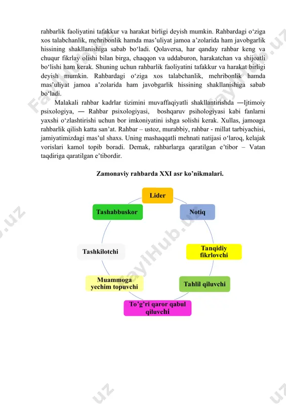 m javobgarlik hissining shakllanishiga sabab boʻladi. qolaversa, har qanday rahbar keng va chuqur fikrlay olishi bilan birga, chaqqon va uddaburon, harakatchan va shijoatli boʻlishi ham kerak. shuning uchun rahbarlik faoliyatini tafakkur va harakat birligi deyish mumkin. rahbardagi oʻziga xos talabchanlik, mehribonlik hamda masʼuliyat jamoa aʼzolarida ham javobgarlik hissining shakllanishiga sabab boʻladi. malakali rahbar kadrlar tizimini muvaffaqiyatli shakllantirishda ―ijtimoiy psixologiya, ― rahbar psixologiyasi, boshqaruv psihologiyasi kabi fanlarni yaxshi oʻzlashtirishi uchun bor imkoniyatini ishga solishi kerak. xullas, jamoaga rahbarlik qilish katta sanʼat. rahbar – ustoz, murabbiy, rahbar - millat tarbiyachisi, jamiyatimizdagi masʼul shaxs. uning mashaqqatli mehnati natijasi oʻlaroq, kelajak vorislari kamol topib boradi. demak, rahbarlarga qaratilgan eʼtibor – vatan taqdiriga qaratilgan eʼtibordir. zamonaviy rahbarda xxi asr ko’nikmalari. rahbarning rejalashtirish qobiliyati – bu oʻziga xos kelajakni koʻra olish qobiliyati, kelajak obrazi boʻlib, bu narsa shaxsning qanchalik kamol topganligi va maqsadga intiluvchanliligining muhim belgisidir. bu juda murakkab psixologik jarayon boʻlib, u shaxsning oʻz diqqatini …
