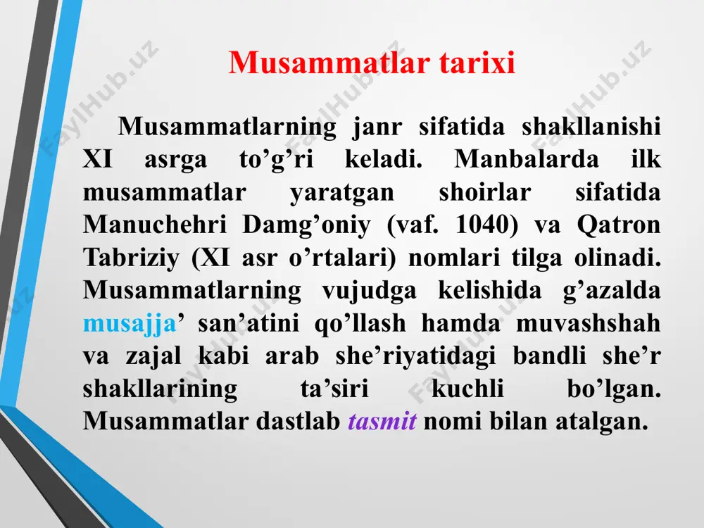 ‘langan tasdisdir. furqatning “sayding qo’ya ber, sayyod…” musaddasida har bandning so’ngida ikki misra takrorlanib keladi: sayding qo‘yaber sayyod, sayyora ekan mendek, ol domini bo‘ynidin, bechora ekan mendek, o‘z yorini topmasdan ovora ekan mendek, iqboli nigun, baxti ham qora ekan mendek, hijron o‘qidin jismi ko‘p yora ekan mendek, kuygan jigari-bag‘ri sadpora ekan mendek. kes rishtanikim: qilsun chapaklar otub jasta, hajrida alam tortib, bo‘ldi jigari xasta. tog‘larg‘a chiqib bo‘lsun yori bilan payvasta, kel, qo‘yma balo domi birla oni pobasta, hijron o‘qidin jismi ko‘p yora ekan mendek, kuygan jigari-bag‘ri sadpora ekan mendek… musabba’ musabba’ (ar.) – yettilik. har bandi 7 misradan iborat she’r shakli, a-a-a-a-a-a-a, b-b-b-b-b-b-a, d-d-d-d-d-d-a... yoki a-a-a-a-a-a-a, b-b-b-b-b-a-a, d-d-d-d-d-a-a... tarzida qofiyalanadi. musabba’ mumtoz adabiyotda u qadar keng tarqalmagan. mashrab, miriy, komil xorazmiy, tabibiy ijodida uchraydi. musamman musamman (ar.) – sakkizlik. har bandi 8 misradan iborat she’r shakli, a-a-a-a-a-a-a-a, b-b-b-b-b-b-b-a, d-d-d-d-d-d-d-a... yoki a-a-a-a-a-a-a-a, b-b-b-b-b-b-a-a, d-d-d-d-d-d-a-a... tarzida qofiyalanadi. turkiy adabiyotda musammanning ilk bor …