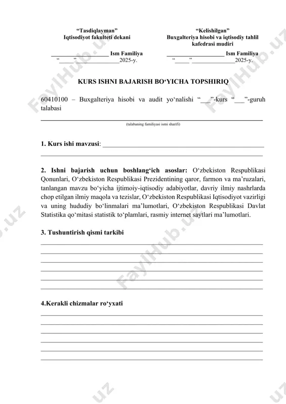_________________________________________________________________________________________________________________________________________________________________________________________________________________________________________________________________________________________________________________________________________________ 5. kurs ishni bajarish grafigi № bajarilgan ishning tavsifi ishni bajarish muddati bajarganligi to‘g‘risidagi belgi boshlanishi tugashi topshiriq berilgan sana: “_____”_________________20___ y. tugallangan kurs ishni topshirish sanasi “_____” _______________ 20___ y. kurs ishi rahbari _______________ _________________________ (imzo) (f.i.sh.) topshiriqni oldim _______________ _________________________ (imzo) (f.i.sh.) “______” ______________20___ y. kafedra mudiri _______________ _________________________ (imzo) (f.i.sh.) farg‘ona davlat universiteti iqtisodiyot fakulteti 60410100 – buxgalteriya hisobi va audit ta’lim yo‘nalishi “_____”-kurs “________”-guruh talabasi _______________________________________________________________ning ____________________________________________________________________________________________________________________________mavzusida bajargan kurs ishiga t a q r i z 1. ishning dolzarbligi va mazmuni______________________________________ ____________________________________________________________________________________________________________________________________ 2. ishning bo‘limlariga tavsif___________________________________________ ____________________________________________________________________________________________________________________________________ 3. ishning ijobiy tomonlari_____________________________________________ ____________________________________________________________________________________________________________________________________ 4. ishning salbiy tomonlari_____________________________________________ ____________________________________________________________