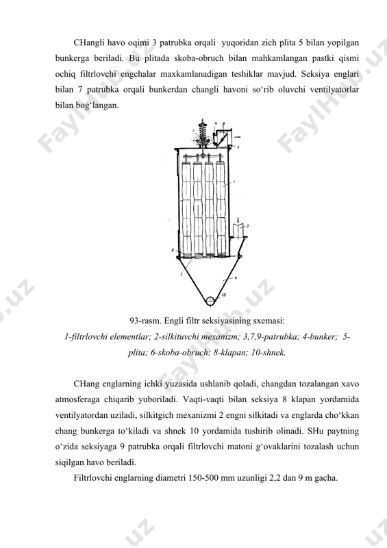 % ga etadi. suvning sarfi skrubberning 1 m2 kesimiga 5 dan 20 m3/soat gacha. gazning xarakatlanish tezligi 1,2 m/sek. 95-rasmda ko‘pikli chang ushlagich tasvirlangan. 95-rasm. ko‘pikli chang ushlagich: 1-apparat korpusi; 2-panjara; 3-bunker; 4-qabul qiluvchi quticha; 5-gazni berish; 6-quyulish qutichasi; 7,8-patrubkalar; 9-ostona; 10-gazlarning chiqishi uchun tuynuk . gorizontal tekislik to‘siq bilan metal korpus ikkita bo‘limga bo‘lingan. yuqori bo‘limga suv shunday beriladiki, teshik to‘siq (panjara) da u 20-50 mm qalinlikda qolsin, qolgan qismi esa tizillab pastga oqib tushsin. changli gaz panjara ostiga beriladi va yuqoriga suv oqimiga qarab xarakatlanadi. panjarada gaz oqimi suv qatlamidan o‘tayotganda 100-200 mm qalinlikda ko‘pik qatlami hosil bo‘ladi va unda chang zarrachalari ushlab qolinadi. tozalangan gaz apparatning yuqorisidagi tuynukdan chiqib ketadi, ushlab qolingan chang suv bilan pastki tuynukdan va qisman yon tarafdagi yonbosh tuynukdan chiqarib olinadi. bu apparatlar 3 mk gacha yirikligidagi zarrachalarni ushlaydi. gazning apparatda xarakatlanish tezligi 3,5 m/sek, suv sarfi 1000 m3, changli gaz uchun 0,25 …