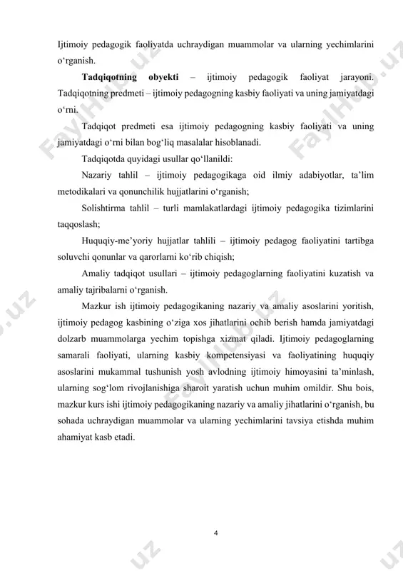 . ijtimoiy yordam va qo'llab-quvvatlash: ijtimoiy pedagoglar jamiyatda yakkalanib qolgan, og'ir ijtimoiy sharoitda yashayotgan, jamiyatdan ajralgan yoki imkonsiz guruhlarga yordam ko'rsatadi. bu yordam oilaviy beqarorlik, qashshoqlik, uy-joysizlik, aloqalarini yo'qotganlik va boshqa ijtimoiy muammolarni o'z ichiga oladi. ular, shuningdek, mehnat bozori, ta'lim tizimi va sog'liqni saqlash sohalarida insonlarga yo'l-yo'riq ko'rsatadi va ularga ijtimoiy himoya vositalarini taqdim etadi. ijtimoiy muammolarni o'rganish: ijtimoiy pedagogika jamiyatda yuzaga keladigan turli muammolarni, masalan, jinoyatchilik, yoshlar orasida giyohvandlik, uyushmagan bolalar, oila ichidagi zo'ravonlik kabi masalalarni o'rganadi. ijtimoiy pedagoglar bu muammolarni hal qilishda aktiv ishtirok etadilar va samarali yechimlar izlaydilar. masalan, ular bolalar va o'smirlar uchun ijtimoiy qo'llab-quvvatlash va maslahat xizmatlarini taqdim etadi, tarbiyaviy faoliyatlar, guruh terapiyalari va treninglarni o'tkazadilar. jamiyatni yaxshilashga xizmat qilish: ijtimoiy pedagogikaning asosiy maqsadi jamiyatdagi ijtimoiy iqlimni yaxshilash va ijtimoiy adolatni ta'minlashdir. ijtimoiy pedagoglar turli ijtimoiy tashkilotlar bilan hamkorlikda ishlashadi, ularga kerakli resurslarni taqdim etishadi va jamiyatni rivojlantirishga xizmat qiladigan dasturlarni yaratadilar. ijtimoiy pedagogikaning …