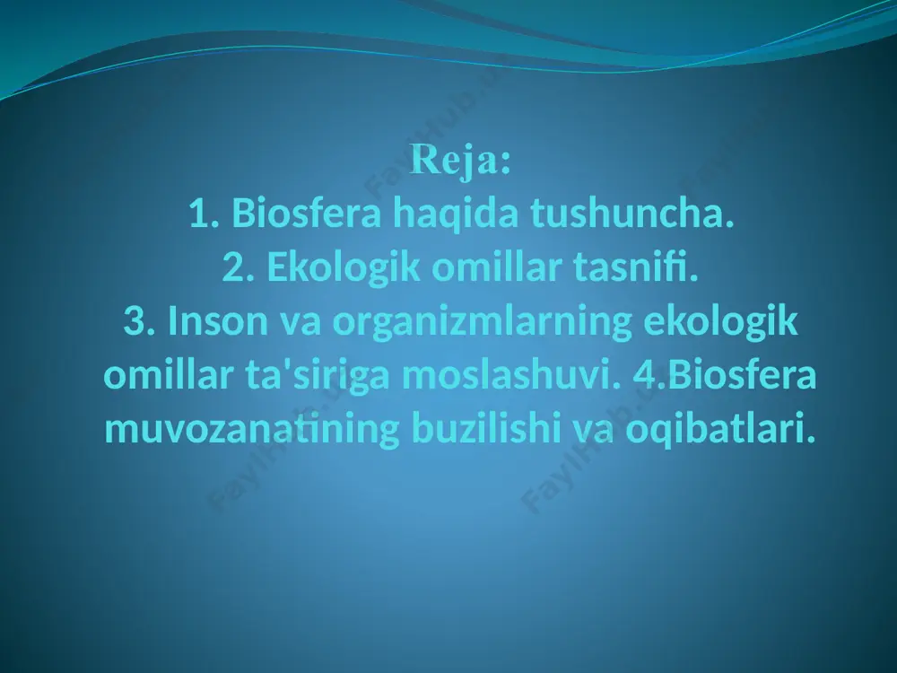 kologiya-geograflya maktabi tashkil etilib, o'lkamiz tabiatini ekologik tadqiq qilish boshlandi. 1940-50 yillarda sobiq ittifoqda ekologik bilimlarning rivojlanishi susayib qoldi. atrof muhit holati tez o'zgara boshladi. umumiy ekologiya barcha organizmlarning alohida darajadagi, muhit sharoitlari bilan o'zaro munosabatlari ekologiyasini o'rgandi. hozirgi kunda ekologiyaning ijtimoiy va tabiiy fanlar chegarasida rivojlanayotgan tarmoqlarga inson ekologiyasi, ijtimoiy ekologiya, gidroekologiya, global ekologiya va boshqalar kiradi. ekologiyaning vujudga kelgan yangi tarmoqlari fanlar tizimida o'ziga xos o'rin egallaydi. organizmni o'rab turuvchi va u bilan doimiy munosabatda bo’ladigan tabiatning bir qismi hayot muhiti deb ataladi. yer yuzida organizmlar to'rt hayot muhitini o'zlashtirganlar -suv, havo, tuproq, organizm. organizmning yashashi uchun bir yoki bir nechta muhitlar zarurdir. hayot muhitlari aloxidaa yashash muhitlariga bo'linadi. yashash muhiti hayot muhitining geografik va ekologik xususiyatlari bilan ajraluvchi qismidir. masalan: suv hayot muhitida chuchuk va sho'r suvli yashash muhitlari , oqar va oqmas suv yashash muhitlari ajratiladi. yashash muhiti yashash joyi va biotoplarga bo'linadi. tabiatdagi mavjud barcha …