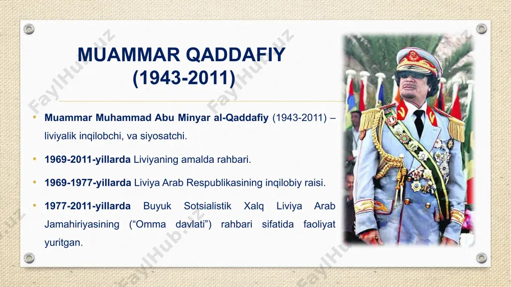 rminallarini yopdilar. 1969-yilga kelib, aqsh markaziy razvedka boshqarmasi liviya qurolli kuchlarining bir qismi davlat to'ntarishini amalga oshirishini kutgan edi. * arab millatchiligi - til, kelib chiqish va atlantika okeanidan hind okeanigacha bo'lgan hududda yashovchi arab millatining birligini tasdiqlovchi dunyoviy mafkura. ko'p jihatdan u panarabizmga yaqin, ammo u bilan to'liq sinonim emas. liviyada davlat to'ntarishi (1969) 1969-yil o'rtalarida qirol idris dam olish uchun chet el (turkiya va gretsiya)ga ketdi. qaddafiyning “ozod ofitserlar” guruhi bu holatga qirolni taxtdan ag'darish uchun imkoniyat sifatida qaradilar va “quddus operatsiyasi”ni boshlab yuborishdi. 1-sentabrda ular tripoli va beng‘ozidagi aeroportlar, politsiya bo‘limlari, radiostansiyalar va hukumat idoralarini egallab oldilar. ular jiddiy qarshilikka duch kelmadilar va monarxistlarga nisbatan zo'ravonlik ishlatmadilar. qaddafiy monarxiya hukumatini ag’darib, “liviya arab respublikasi tashkil etilganini e’lon qildi. to‘ntarishning qonsizligi tufayli dastlab “oq inqilob” deb atalgan bo‘lsa, keyinchalik sodir bo‘lgan sanadan so‘ng “1-sentyabr inqilobi” nomini oldi. qaddafiyning o’zi ushbu inqilobga quyidagicha ta’rif beradi: "ozod ofitserlar“ning bu inqilobi …