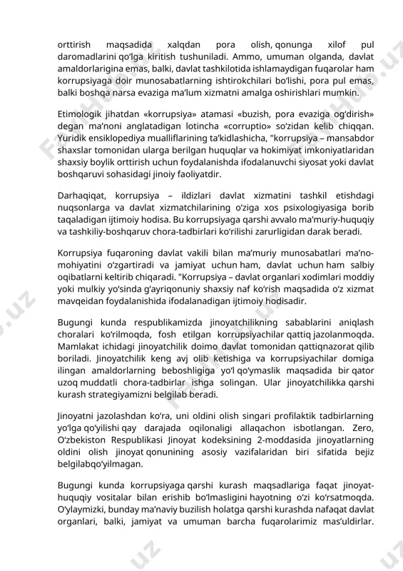da korrupsiyaga qarshi kurashning quyidagi usullari mavjud. ichki nazorat - bu usul boshqaruv apparatining o‘zida nazoratni kuchaytiruvchi tuzilmalar yaratishni taqazo etadi. bu tuzilmaning asosiy vazifasi xodimlarning ichki etiket qoidalariga rioya qilishini nazorat qilishdir. hozirgi kunda bizning yurtimizda ham bir qator huquqni muhofaza qilish organlarida aynan shu vazifani bajaruvchi ichki tuzilmalar yaratilgan. tashqi nazorat - bu usulda ijro apparatidan mustaqil tuzilmalarning mustaqilligini oshirish nazarda tutilib, aynan ushbu tuzilmalar orqali korrupsiyaga qarshi samarali kurash olib boriladi. ya’ni, sud hokimiyatining maksimal darajada mustaqilligiga erishish ommaviy axborot vositalariga ko‘proq erkinlik berish. korrupsiyaga qarshi kurashda yuqori natijalarga erishgan shvetsiya, singapur, gonkong, portugaliya kabi davlatlarning tajribasini o‘rganish shuni ko‘rsatadiki, korrupsiyani yuzaga keltiruvchi omillarni bartaraf etish korrupsiyaga qarshi kurashda muhim o‘rin egallaydi. bunda konstitutsiyaviy nazorat organlari, huquq-tartibot organlarining ahamiyati ortadi. ya’ni, korrupsiyaga olib kelishi mumkin bo‘lgan normalarni konstitutsiyaviy nazorat organi tomonidan konstitutsiyaga zid deb topish, aholining huquqiy savodxonligini oshirish kabi metodlardan unumli foydalanish ushbu davlatlarni korrupsiya darajasi …