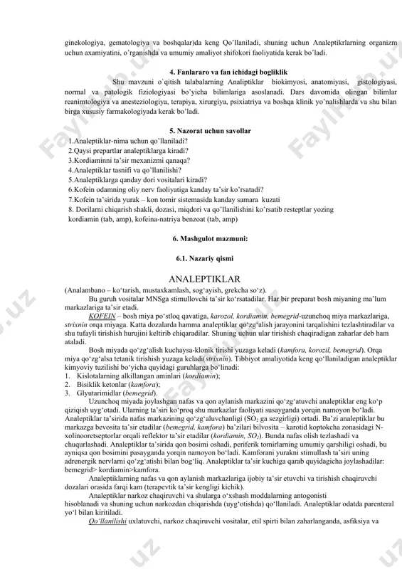 bildirishadi. 2.5. tinglaydi, aniqlashtiradi, topshiriqlarni bajaradi, javoblarni muҳokama qiladi. 2.6. tinglaydi, aniqlashtiradi, yakka tartibda chizmali organayzerlarni to’ldiradilar. ish bajarilishini jamoa bo’lib muҳokama qiladi. 2.7. jamoa bo’lib ishning bajarilishini muҳokama qilishadi. 2.8.tarqatma materiallarni o’rganadi. 3-bosqich amaliy qism (35 daq.) 3.1. talablarga mashgulotning amaliy qismini bajarish bo’yicha qo’llanma (yo’riqnoma) beradi. 3.2. talabalarga yozma tekshiruv savollar va resteptura bo’yicha berilgan topshiriqlarni bajarishni – amaliy ko’nikmalarni bajarish bo’yicha topshiriqlar beradi. 3.3. amaliy ishlar natijasini va yozma uy vazifasining bajarilganligini tekshiradi. 3.1. tinglaydi, savol beradi. 3.2. tekshiruv savollarga javob beradi va daftarda resteptura bo’yicha berilgan topshiriqlarni bajaradi. 3.3. tinglaydi, xatolarni to`girlaydi. 4-bosqich yakuniy qism (20 daq.) 4.1. mavzu bo’yicha xulosa qiladi, talabalarning e’tiborini ushbu ishning, ularning keyingi kasbiy faoliyatida aҳamiyatiga qaratadi, mashgulot maqsadiga etganlik darajasini taҳlil qiladi. 4.2. talabalarning nazariy va amaliy mashgulot qismi bo’yicha bilim darajasini baҳolaydi va baҳolarni e’lon qiladi. 4.3. keyingi mashgulot uchun vazifa beradi, kerakli adabiyot ro’yxati va ushbu mavzu bo’yicha …