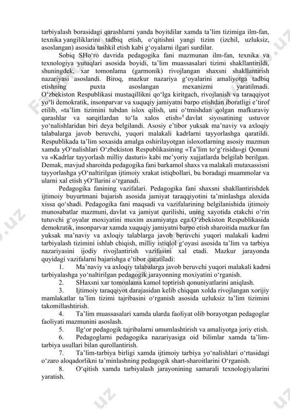 r qo‘yildi. quldorlik tuzumida erkin bo‘lmagan kishilar (qullar)ning xaq-xuquqlari cheklanganligi bois tarbiya tizimi faqatgina quldorlar, ularning farzandlari uchun xizmat qilgan. quldorlik tuzumi o‘rnida shakllangan feodal tuzumda pedagogik g‘oyalar feodallar manfaatini ifoda eta boshladi. mazkur davr pedagogik jarayonni tashkil etishda diniy g‘oyalar etakchi o‘rin egallashi bilan tavsiflanadi. ijtimoiy xayotda diniy muassasalar (g‘arbda cherkov, sharqda esa machitlar)ning roli osha borib, bolalarni o‘qitish va tarbiyalash ishlari asosan shu maskanlarda tashkil etildi. garchi dunyoviy g‘oyalarni ilgari surish, ilmiy nazariyalarni yaratish va targ‘ib etishning din peshvolari tomonidan qoralanishi kabi xolatlar xam ko‘zga tashlangan bo‘lsa-da, ammo savdo-iqtisodiy aloqalar ko‘lamining kengayishi, tabiiy ofatlarga qarshi keskin chora ko‘rish extiyoji ilmiy bilimlarning rivojlantirish xayotiy zaruriyat ekanligini isbotladi. insoniyat tarixidan mustaxkam o‘rin olgan sharq uyg‘onishi deb nom olgan tarixiy jarayon aynan feodal tuzumi – o‘rta asrlar davrida sodir bo‘ldi. sharqda buyuk allomalar - muxammad muso al-xorazmiy, abu nasr forobiy, abu rayxon beruniy, abu ali ibn sino, axmad al-farg‘oniy, g‘arbda esa …