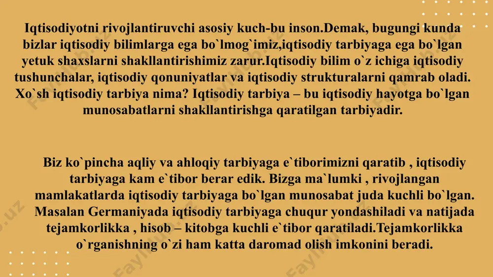 rni shakllantirish bilan bog’liqlikda quyidagi vazifalar nazarda tutiladi: – uzluksiz ta’lim-tarbiyaning har bir bo‘g‘inida iqtisodiy tarbiya maqsadiga erishish yo‘llarini izlab topish; – ta’lim-tarbiya jarayonida turli ta’sir vositalari orqali o’quvchilarda iqtisodiy faoliyat ko’nikmalarini shakllantirish; – iqtisodiy ta’lim va tarbiya jarayonida o’quvchi shaxsiga yo‘naltirilgan metod va vositalar, zamonaviy axborot texnologiyalaridan foydalanish; – o’quvchilarning yosh xususiyatlari, qiziqish va ehtiyojlarini, iqtisodiy bilim darajasini aniqlash maqsadida kuzatish, suhbat va anketa so‘rovlarini o‘tkazib, natijalarini qayd etib borish; – o’quvchilarda iqtisodiy madaniyatni tarbiyalash orqali ularni kompetentli ijtimoiy faol yoshlar sifatida tayyorlashga erishish 2022 donolar debdurlarki: «harakat qiling to obodon bo'lg'aysizlar va ozga qanoat qiling, toki mollaringiz ko'p bo'lg'ay, yumshoq tabiatli va shirin so'zli bo'ling, do'stiniz ko'p bo'lg'ay». demak, ko'p ranj bila topilg'on ganjni (boylik) g'aflat va qohillik bila qo'ldan bermoq aqlli kishining ishi emasdur. qashshoq bo'lg'andin so'ng har qancha pushaymon bo'lsa, sud (foyda) qilmaydur. demak, moling barqaror bo'lguncha mashaqqat ustiga mashaqqat chekg'il, sen bundan bahramand bo'lg'aysan. biroq …