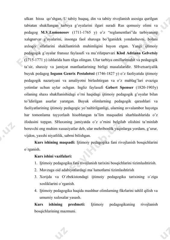 imlarining mavzuga oid nazryalari. kurs ishining metodlari: kuzatish, faoliyat mahsulini tahlil qilish, kurs ishining nazariy va amaliy ahamiyati: kurs ishining nazariy ahamiyati shunda iboratki, ijtimoiy pedagogikaning rivojlanish bosqichlari haqida ma`lumotlar va tadqiqot natijalarini umumlashtirib tizimga solishga yordam beradi. amaliy ahamiyati shundan iboratki, kurs ishida ko`rsatib o`tilgan ma`lumotlar ijtimoiy pedagogika tarixi haqidagi yangi tadqiqotlarga asos bo`lishi mumkin. kurs ishining tuzilishi va hajmi: kirish, 2 bob, 4 bo`lim, xulosa, foydalanilgan adabiyotlar ro`yxatidan iborat.
