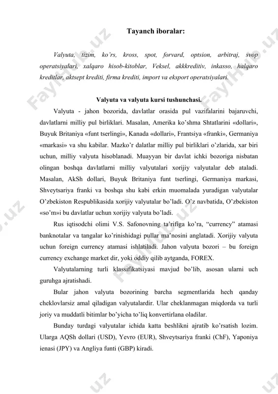 ar jahon valyuta bozorining barcha segmentlarida hech qanday cheklovlarsiz amal qiladigan valyutalardir. ular cheklanmagan miqdorda va turli joriy va muddatli bitimlar bo’yicha to’liq konvertirlana oladilar. bunday turdagi valyutalar ichida katta beshlikni ajratib ko’rsatish lozim. ularga aqsh dollari (usd), yevro (eur), shveytsariya franki (chf), yaponiya ienasi (jpy) va angliya funti (gbp) kiradi. asosiy valyutalarga shuningdek, kanada dollari (can) va boshqa bir nechta valyutalar (masalan, avstraliya dollari aud) ham kiritiladi. valyutalarning mazkur sirasiga irlandiya, singapur, gretsiya, shvetsiya, daniya, oman, quvayt, hindiston kabi davlatlar valyutalari kiritiladi. bu valyutalar bo’yicha doimo kotirovkalar mavjud, biroq ba’zida operatsiyalar miqyosi, muddatli bitimlar bozori bo’yicha (agar u umuman mavjud bo’lsa) katta cheklovlarning bo’lishi ehtimoli bor; shuningdek, muayyan davlatlar tomonidan ularning keng savdosiga qarshi qonuniy cheklovlar ham o’rnatiladi. mazkur guruhga indoneziya, tailand, gonkong, malayziya, vetnam, fillipin kabi mamlakatlar valyutalarini kiritish mumkin. hozirgi kunda yangi paydo bo’luvchi bozorlar valyutalari ham yuzaga keldi. bular chexiya, slovakiya, polsha, rossiya, janubiy amerika va …