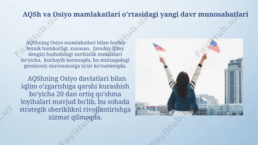 avdo kelishuvlarining soni 100 dan oshdi, bu mintaqaviy iqtisodiy hamkorlikning mustahkamlanishini ko'rsatadi. osiyo mamlakatlarining aqshga to'g'ridan-to'g'ri investitsiyalari 2010 yildan buyon 5 baravar oshdi, bu iqtisodiy integratsiyaning chuqurlashuvini aks ettiradi. kelajakdagi hamkorlik strategiyasi aqsh va osiyo mamlakatlari o'rtasidagi savdo hajmini 2028 yilga kelib ikki baravar oshirish maqsadida, kamida 5 ta yangi erkin savdo shartnomasi imzolanadi va sotuv hajmining 10% gacha bo'lgan bojxona to'lovlari bekor qilinadi. kelajakdagi hamkorlik strategiyasi aqsh va osiyo mamlakatlari o'rtasida 2030-yilgacha investitsiyalar hajmini 50% ga oshirishni, shu jumladan, yashil texnologiyalar sohasiga 15 milliard dollar mablag' ajratishni ko'zda tutadi. xavfsizlik va mudofaa masalalari shimoliy koreyaning yadroviy dasturi mintaqaviy xavfsizlikka jiddiy tahdid soladi, unga qarshi sanksiyalar va diplomatik bosim 2022 yildan buyon sezilarli natijalar bermadi va keyingi 5 yil ichida eskalatsiya xavfi yuqori. aqshning osiyo mamlakatlari bilan harbiy hamkorligi 2023 yilda 15% ga oshdi, bu mintaqadagi geosiyosiy beqarorlikni aks ettiradi va kollektiv xavfsizlik shartnomasi tashkilotining ta'siriga qarshi kurashda muhim rol …