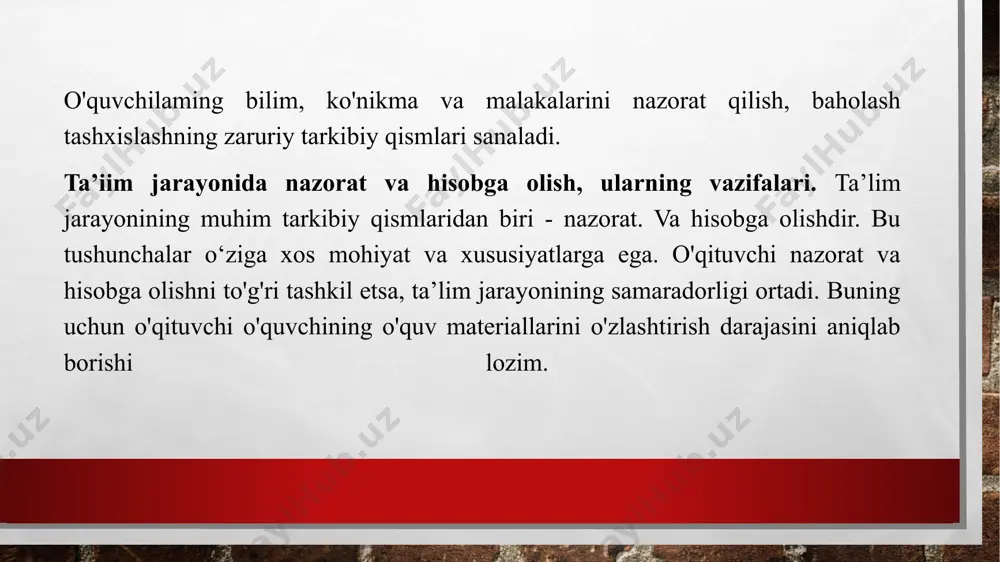 ida o‘quvchilar va o‘qituvchi faoliyatini umumlashtirib xulosalash. nazorat qilish vazifasi o‘quvchilaming bilim, ko‘nikma va malakalari darajasini aniqlash va baholashdan iborat. bu o‘quv materiallarini o‘rganishning keyingi bosqichiga o‘tish imkoniyatlarini aniqlashtiradi hamda o'qituvchining o‘quv metodlarini va usullarini to'g'ri tanlaganini nazorat qiladi. nazorat qilish vazifasi o‘quv materiallarini o‘rganishning maqbul yo‘llarini topish bilan bogiiqdir. o‘qitish vazifasi o'quvchilaming bilimini tekshirishda aniq ko‘rinadi. yangi mavzuni mustahkamlash jarayonida yoki uy vazifalarini tekshirishda o'quvchilaming o'tilgan mavzuni takrorlashga, ular uchun tushunarsiz boigan maiumotlami bilib olishlariga imkon tug‘iladi. o'zlashtirishni nazorat qilish va hisobga olish nazorat, o‘qitish. tarbiyalash va rivojlantirish vazifalarini bajaradi. nazoratning tarbiyalash vazifasi shundan iboratki, o'quvchilar tekshirishga tayyor boiish uchun darslami o‘z vaqtida tayyorlaydilar, bo‘sh vaqtlaridan unumli foydalanishga harakat qiladilar, intizomga o‘rganadiiar. agar nazoratning o‘qitish va tarbiyalash vazifalari to‘g‘ri amalga oshirilsa, shaxsning tafakkurini rivojlantirishga, xis-tuyg'ulari va axloqiy sifatlarini tarbiyalashga imkon tugiladi. bu esa o‘z-o‘zidan nazoratning rivojlantiruvchi vazifasi sanaladi. ta’lim olganlikni nazorat qilish va tashxislash tamoyillari. pedagogikada o'quvchilaming taiim olganligini …