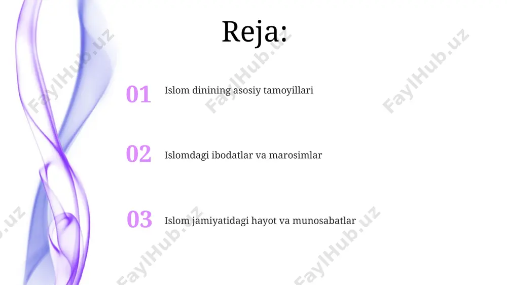 borat boʻlib, musulmonlar uchun hayotning barcha jabhalariga yoʻnaltirilgan 1400 yildan ortiq vaqtdan beri hidoyat manbai hisoblanadi. islomning besh ustuni – shahodat, namoz, zakot, roʻza va haj – musulmonlarning hayotining muhim tamoyillarini ifodalaydi va butun dunyodagi 1,8 milliarddan ortiq musulmon uchun umumiy bogʻlovchi boʻlib xizmat qiladi. e'tiboringiz uchun rahmat @taqdimot_robot image4.jpg image5.jpg image6.jpg image7.jpg image8.jpg image1.jpeg image2.jpeg image3.jpeg