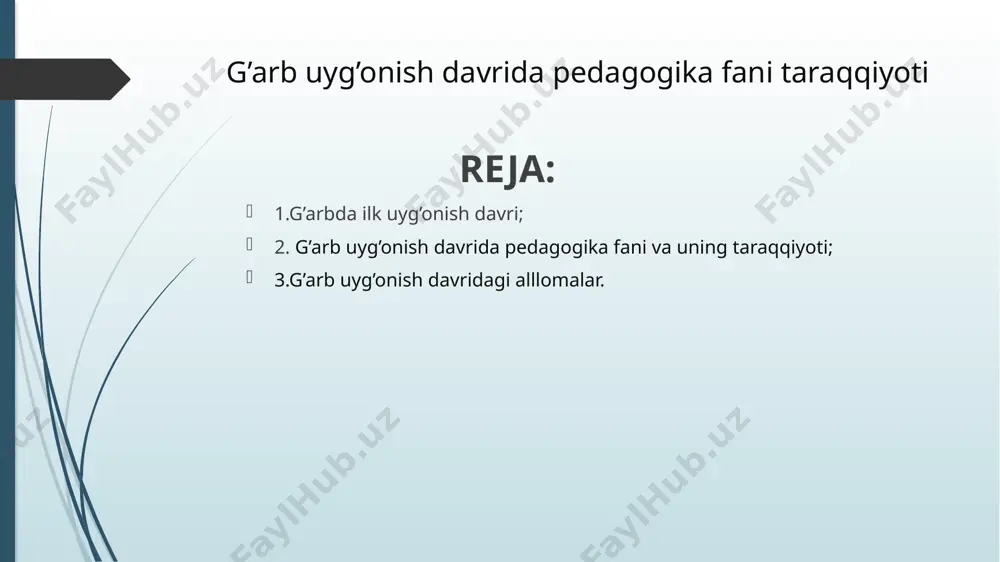 davri oqibatda, renessans davrida yevropaning rivojlangan mamlakatlarida inqilobiy madaniy o'zgarishlar ro'y berdi. chunonchi, birinchi kitob nashr etildi, kolumb tomonidan amerika kashf qilindi, vasko da gama afrikani aylanib o’tib, hindistonga boradigan dengiz yo'lini ochdi, magellan o'zining uzoq davom etgan sayohatiga asoslanib, yer kurrasining sharsimon ekanligini isbotladi, geografiya va kartografiya fan sifatida e'tirof etildi, matematikada simvolik belgilar qabul qilindi, ilmiy anatomiya va fiziologiya asoslarini fan sifatida o'rganib boshlandi, kimyo va astronomiyada yirik yutuqlarga erishildi. bir so’z bilan aytganda, renessans davrida yevropaning ko’p mamlakatlari madaniy hayotida tub o'zgarishlar ro'y berdi. g’arb uyg’onish davrida pedagogika fani va uning taraqqiyot g’arbda hamma fanlarning toji deb - teologiya (din aqidalari) hisoblanar edi. shuning uchun ham, o‘rta asrlarda beriladigan ta’lim dasturi cherkov maktablari orqali amalga oshirilar edi. cherkov maktablarining asosiy turlari: prixod maktabi (ya’ni 1 cherkovga qarashli), monastir maktabi va bosh cherkov yoki yepiskop maktablaridan iborat edi.prixod maktablari boshlang‘ich diniy maktablar bo‘lib, unda o‘g‘il bolalar o‘qir edi. …