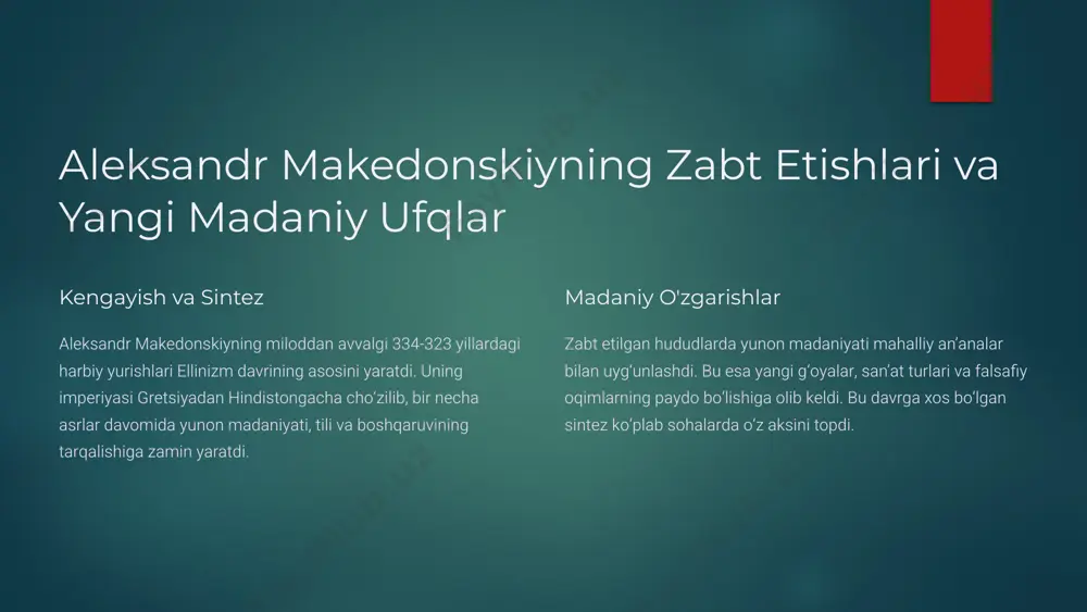 rximed (fizika) va eratosfen (geografiya) kabi buyuk olimlar faoliyat yuritgan. ularning kashfiyotlari zamonaviy ilm-fanga asos bo‘ldi. san'at va arxitektura shahar san’at va arxitekturaning gullab-yashnash markazi bo‘lgan. iskandariya mayog‘i va serapis ibodatxonasi kabi inshootlar davrning muhtashamligini ko‘rsatadi. 4 ellinistik falsafa: yangi yo'nalishlar epikurizm hayotning asosiy maqsadi og‘riq va azobdan xalos bo‘lib, ichki tinchlikka erishish deb bilganlar. ular do‘stlik va sodda turmush tarzini targ‘ib qilishgan. stoitsizm taqlif etilgan taqdirdan rozi bo‘lish va his-tuyg‘ularni nazorat qilish orqali baxtga erishishni o‘rgatgan. zeno tomonidan asos solingan. skeptitsizm haqiqatni bilishning imkonsizligini ta’kidlagan va hukm chiqarishdan voz kechishni taklif etgan falsafiy oqim. pirron va karnead kabi namoyandalari bo‘lgan. 5 san'at va arxitekturadagi yangiliklar 1 2 3 4 realizm ellinistik san'at asarlarida inson tanasi va yuz ifodalarida realizmga katta e'tibor berilgan. laokoon guruhi kabi asarlar bunga misol bo'la oladi. dramatizm haykaltaroshlik va rassomlikda emotsional kuch va dramatizm yaqqol namoyon bo‘lgan. bu davr san’ati inson his-tuyg‘ularini chuqur aks ettirgan. …