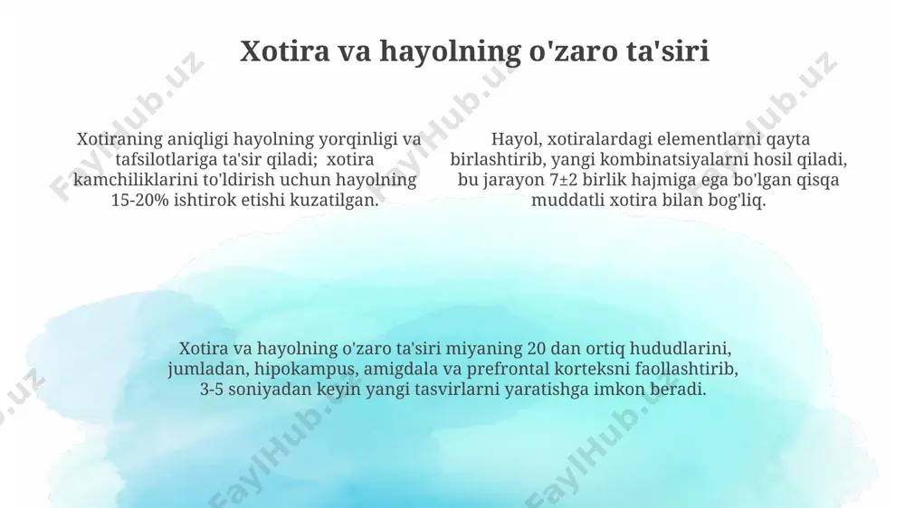 usan, prefrontal korteks, amigdala va hipokampusning o'zaro ta'siri hayolning paydo bo'lishi va rivojlanishiga 30% gacha ta'sir qiladi, bu esa turli xil tasavvur va xotiralarni yaratishga olib keladi. hayol jarayonida miya to'lqinlarining (alfa, teta) faolligi kuzatiladi, bu esa 8-13 gts va 4-7 gts diapazonlarida tebranishlar sonining o'zgarishi bilan tavsiflanadi, bu esa ong holatining o'zgarishiga va tasavvur qilish qobiliyatiga bog'liq. hayol tushunchasining ta'rifi hayolning asosiy xususiyatlaridan biri uning ko‘p qirrali va dinamik tabiati bo‘lib, 1000 dan ortiq neyronlar faoliyati bilan bog‘liq murakkab bir jarayondir. hayol, 5 ta hissiy idrok (ko‘rish, eshitish, hid bilish, ta’m bilish va sezish) orqali olingan ma’lumotlarning miya tomonidan qayta ishlanishi va ramziy tasvirlar shaklida ifodalanishi jarayonini bildiradi. hayolni ong faoliyatining 20% dan ortig‘ini tashkil etadigan, tasavvur, xotira va his-tuyg‘ular bilan chambarchas bog‘liq bo‘lgan psixologik funksiya sifatida ko‘rish mumkin. hayolning paydo bo'lish mexanizmlari hayolning paydo boʻlishida miya korteksining 20 dan ortiq sohalari, shu jumladan prefrontal korteks, hipokampus va amigdala …