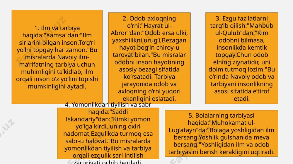 ilar. ammo kunlarning birida ular orasida kelishmovchilik yuzaga keladi. shunda donishmand ularga shunday deydi:> “ahillik – bu daraxtning ildizi kabidir. agar ildiz buzilsa, daraxt qulaydi. shunday ekan, sizlar bir-biringizga yordam berib, do‘stlikni mustahkamlang, toki hayotingiz gulgun bo‘lsin.”do‘stlar donishmandning so‘zlarini eshitib, o‘z xatolarini tan olishadi va yana ahil bo‘lib ketadilar. zolimning yovuz oqibati (maxbub ul-qulub)mazmun:bir zolim shahar aholisini qiynab, ularning mol-mulkini tortib oladi. u o‘zining boyligi va kuchiga ishonadi. ammo kunlarning birida qattiq kasallikka yo‘liqadi. unga hech kim yordam bermaydi. nihoyat, yolg‘izlanib, o‘zining yomon ishlaridan pushaymon bo‘ladi va shunday deydi:> “men odamlarga zulm qilganim uchun o‘zga paytda ulardan kechirim va yordam kutishga haqli emasman.”ibrat:zolimning oxir-oqibati yomon. har qanday kuch-qudrat ham adolat va yaxshilikdan ustun bo‘la olmaydi. zolimning yovuz oqibati (maxbub ul-qulub)mazmun:bir zolim shahar aholisini qiynab, ularning mol-mulkini tortib oladi. u o‘zining boyligi va kuchiga ishonadi. ammo kunlarning birida qattiq kasallikka yo‘liqadi. unga hech kim yordam bermaydi. nihoyat, yolg‘izlanib, o‘zining yomon ishlaridan …