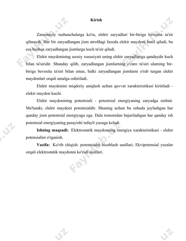 ratuvchi o'tkazgichlar, 3 - yorug'lik manbai, 4 - kristallardan soya proyeksiyalanadigan ekran. elektr potentsial zaryadning kuchlanishi keling, bir oz suyuq dielektrikni (masalan, moyni) kichik shisha kyuvetaga (1-rasm) quyamiz , unga cho'zilgan donali kukun aralashtiriladi. masalan, kyuvetaga ikkita metall plastinani joylashtiramiz va ularni musbat va manfiy zaryadlarni uzluksiz ajratish imkonini beruvchi elektr mashinasiga ulaymiz. yog 'ichida osilgan donalarning harakatini qulay kuzatish uchun keling, butun rasmning tasvirini ekranga proyeksiya qilaylik yoki shunchaki shiftga kyuvetaning soyasini tushiramiz (1-rasm). plitalarni zaryad qilishda dastlab butunlay tasodifiy joylashgan alohida donalar harakatlana boshlaydi va aylana boshlaydi va oxir-oqibat bir elektroddan ikkinchisiga cho'zilgan zanjirlarga joylashadi. 2-rasmda ikkita parallel metall plitalar orasidagi donalarning joylashuvi tasviri va 3-rasmda - ikkita metall shar o'rtasida ko'rsatilgan. 2-rasm. qarama-qarshi yo'nalishda zaryadlangan ikkita parallel plastinka orasidagi donalarning joylashishi 3-rasm. qarama-qarshi yo'nalishda zaryadlangan ikkita metall sharlar orasidagi donalarning joylashishi ushbu tajribada har bir don kichik o'qga o'xshaydi: donalarning kichik o'lchamlari ularni bir vaqtning o'zida atrof-muhitning …
