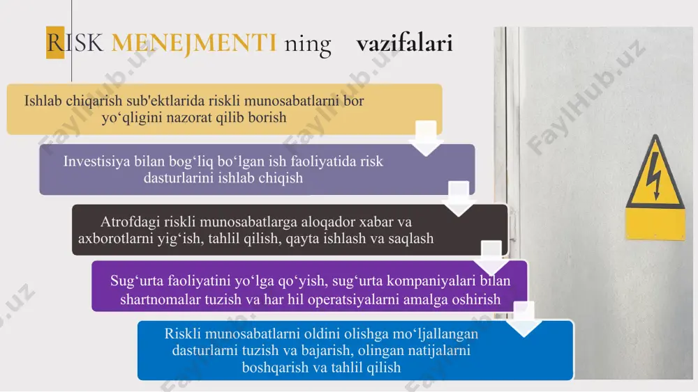 y ta’sir qilishi mumkin? qaysi zaif tomonlaringiz sizga tahdid solidi? imkoniyatlar: qanday holatlar sizga ijobiy ta’sir qiladi? qanday imkoniyatlarga egasiz? siyosiy barqarorlik; mukammal qonunchilik va huquqiy asos; qulay mehnat va soliq qununchiligi; qulay xorijiy investitsiy siyosati; ta’minlangan xavsizlik iqtisodiy o’sish; aholi jon boshiga yaim ulushi; xarid qobiliyati pariteti; foiz va inflayatsiya stavkasi; valuta barqarorligi va valuta kursi; ishsizlik darajasi; savdo balansi; investitsiya imkoniyatlari aholi o’sish miqdori, aholi zichligi; madaniy ijtimoiy hayot tarzi; boshlang’ich va oliy ta’lim; inson tarqqqiyot indeksi; ijtimoiy himoya va xavsizlik texnologik rivojlanish; innovatsiyalar; research and development; tajribali resurslar; yangi texnologiyalarni oson va tez qabul qila olish; informatsion texnologiyalar 04 risklarni baholash-business modeli ilovalar jarayon texnologiyalar manzil ma’lumotlar risklarni tahlil qilish - bu biznesda va boshqa ko'plab sohalarda yuzaga keladigan noaniqliklar va xavflarni tizimli o'rganish. risk tahlilchilari xavflarni aniqlashga, ular qanday va qachon paydo bo'lishini tushunishga va salbiy natijalarning ta'sirini (moliyaviy yoki boshqa) baholashga intiladi. sifat va miqdor …