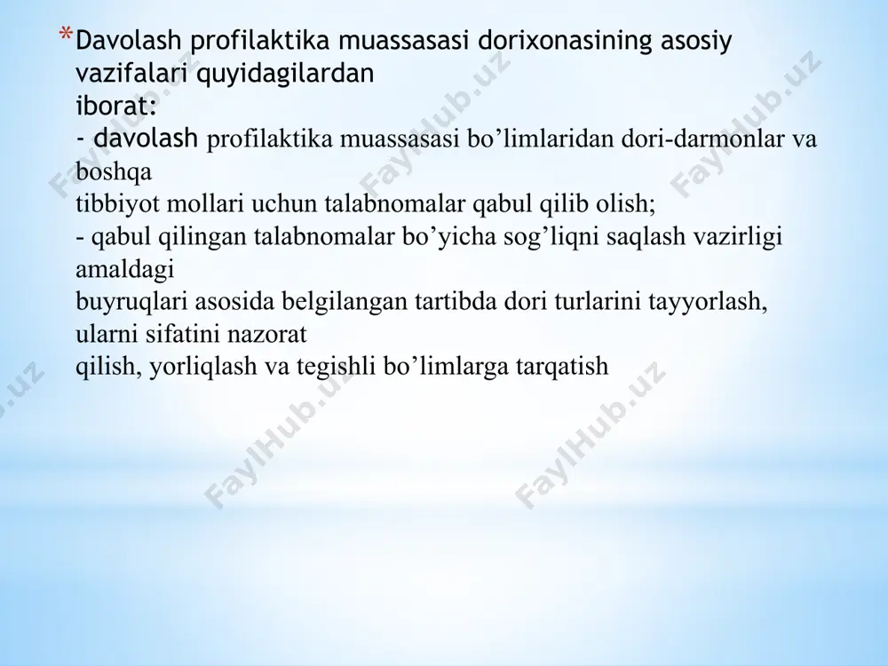 ga xabar bеrish; - xodimlarning malakasini oshirishni tashkil etish; - tasdiqlangan shakllarda o’z vaqtida hisobotlar tuzib topshirish. kuchli ta'sir etuvchi dori-darmonlar “b” ro’yxatida bo’lib, alohida qulflanadigan shkaflarda saqlanadi. “a” va “b” ro’yxatdagi tеmir sandiqlar va shkaflarning kaliti tеgishli javobgar shaxsda bo’lishi shart. zaharli dori bеrilgan nakladnoy – talabnomalar shifoxona dorixonasida 2 yil davomida, narkotik dorilar 5 yil davomida va qolganlari esa 1 yil davomida saqlanadi. shu muddat o’tgandan so’ng yuqori tashkilotlar tomonidan hujjatlarni taftish o’tkazilgandan kеyin tеgishli tartibda yo’q qilinadi. shifoxona dorixonalarida quyidagi xonalar mavjud bo’ladi: 1. ishlab chiqarish xonalari - (kutish xonasi, rеtsеptlarni qabul qilish xonasi, rеtsеptura jo’natish xonasi, assistеntlar xonasi, darchali asеptika xonasi, in'еktsiyali eritmalar rasmiylashtirish xonasi, idishlarni qayta yuvib stеrillash xonasi, qadoqlash xonasi, farmatsеvt analitik xonasi, tozalangan suv olish xonasi, mollarni ochish xonasi). 2. saqlash uchun xonalar - (tayyor dorilar, quruq va suyuq dorilar, bog’lov matеriallari, xirurgik asboblar, vrachlik buyumlari, olovdan xavfli narsalar, dеzinfеktsiya vositalari, kislotalar xonasi, …