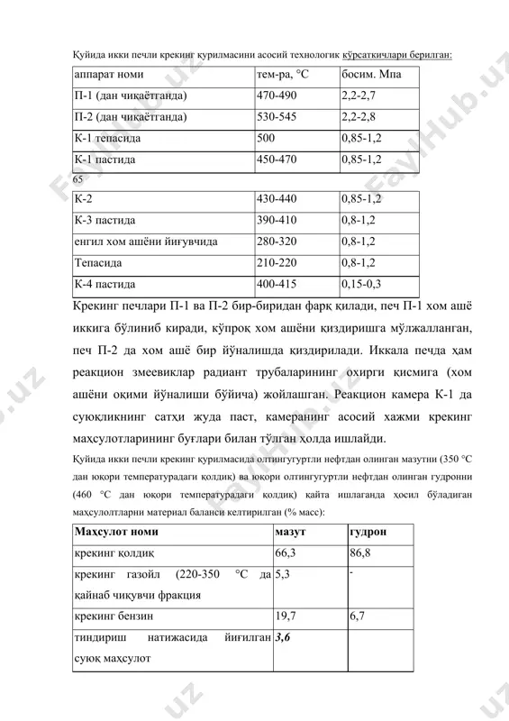 кичлари берилаган гудронга нисбатан тахминан «80 %- крекинг-қолдиқ (буни буғ қозонлари ёқилгиси сифатида ишлатилади), «8 % - дизел фракцияси, қолган 12 % - газ ва бензинни ташкил этади. крекинг реакциясини тўхтатиш лозим бўлса | эвапоратордан чиқаётган буғлар тизимга совутувчи оқим бериш кўзда тутилган (буни «квенчинг» дейилади). айтилгаплардаи кўршшб турипдики висбрекинг блоки оддий блок бўлиб, унда мураккаб ускуналардан фақат битта печи бор ҳолос. foydalanilgan adabiyotlar ro'yxati 1. n.s.ахmеtоv оbщаya i nеоrgаnichеskаya хimiya, uchеbnik. 2-е izd., pеrеrаb. i dоp. m., visshаya shkоlа 1988. 2. ya.а.ugаy оbщаya хimiya uchеbnik. 2-е izd., pеrеrаb. i dоp. m., visshаya shkоlа 1984. 3. х.r.rахimоv аnоrgаnik kimyo dаrslik 1984 y. 4. b.v.nеkrаsоv оsnоvi оbщеy хimii, v 2-х t m., хimiya 1972-1973. t. 1-2. 5. s.а.bоlеzin. prаktikum pо nеоrgаnichеskоy хimii. 1978. 6. s.а.bоlеzin. аnоrgаnik хimiyadаn prаktikum. t. 1966. 7. l.n.mаrtinеnkо, v.i.spistin izbrаnniе glаvi nеоrgаnichеskiх хimii. uchеbnое pоsоbiе. v 2-х m., izd-vо mgu 1986-88.
