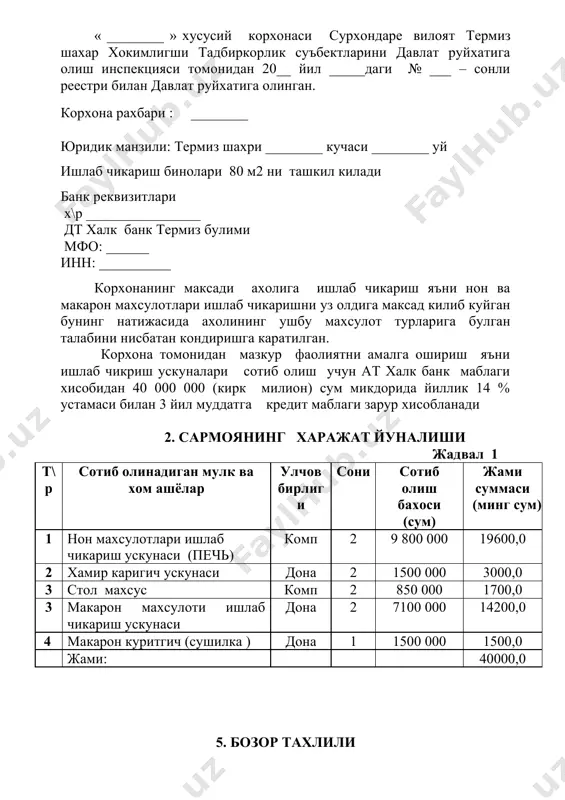 . корхона томонидан кредит маблагига олинган нон ишлаб чикариш ускунаси 2 комплектни ташкил килиб хар биттасида 24 тадан колиб булиб хар бир колибда 4 тадан нон пишириш кутиси мавжуд бу дегани 192 кути соатига 192 дона нон ишлаб чикариш кувватига эгадир. бундан келиб чикиб корхонада 2 та нон пишириш ускунаси ва соатига 192 дона нон махсулоти ишлаб чикариш кувватига эгадир. демак бир ойда 24 иш куни 1 кунда 8 соат иш вакти 8 х 192 = 1536 дона тайёр нон махсулоти. корхона нон махсулотларини бозор нархидан келиб чикиб уртача 400 сумдан сотишни режалаштирган. макарон махсулотлари ишлаб чикариш харажатларни хисоблаш ва таннархни аниклаш тадбиркор томонидан 100 кг макарон махсулотлари ишлаб чикариш учун кетадиган харажатларни хисоблаймиз. 100 кг макарон махсулотлари ишлаб чикариш харажатлари 1. 80 кг ун махсулоти х 500 сум = 40 000 2. тухум 40 дона х 200 сум = 8000 3. туз 3 кг х 300 = 900 жами …
