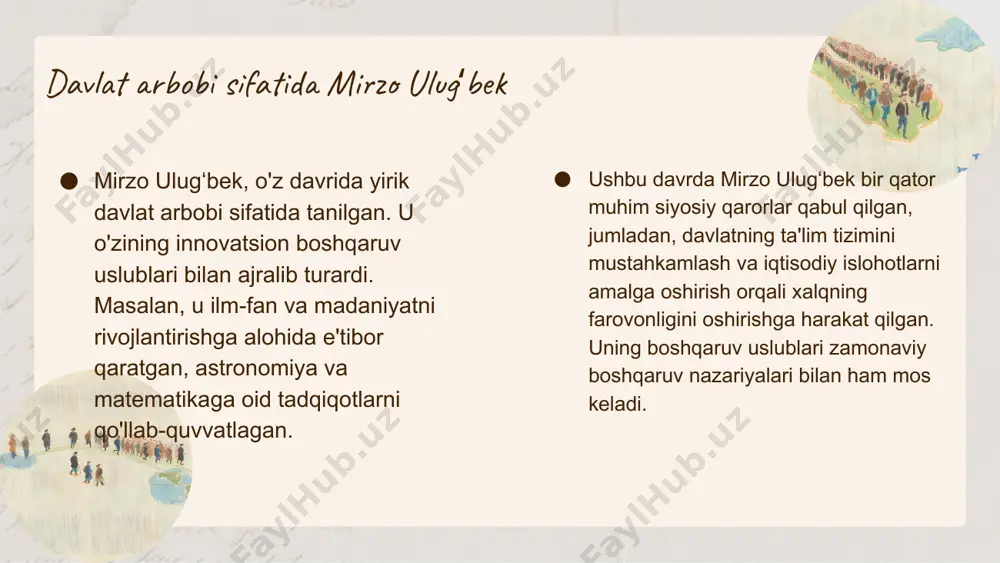 aklida taqdim etgan. o'zbek madaniyatida astronomiyaning o'rni juda katta. bu ilm, nafaqat ilmiy tadqiqotlar, balki qadimiy astronomik asarlar orqali san'atga ham ta'sir ko'rsatgan. ulugʻbekning merosi, nafaqat astronomiya sohasida, balki zamonaviy madaniyatga ham kuchli ta'sir ko'rsatmoqda. uning qadimiy astronomi va san'atga qo'shgan hissasi, bugungi kunda ham o'z ahamiyatini yo'qotmagan. mirzo ulugʻbekning ta'siri tarixi mirzo ulugʻbek o'zbekiston tarixida muhim davlat arbobi sifatida tanilgan. u o'z davrida ilm-fan va madaniyatni rivojlantirishga katta e'tibor bergan. uning hukmronligi davrida astronomiya va matematikaga oid ko'plab asarlar yaratilgan, bu esa ilm-fan rivojiga katta hissa qo'shgan. tarixiy kontekstda mirzo ulugʻbekning ta'siri, shuningdek, uning xalqaro aloqalari orqali o'rta osiyo mintaqasida ilm-fan va madaniyatga bo'lgan qiziqishni oshirishi bilan bog'liq. ulugʻbek zamondoshlari, xususan, alisher navoiy kabi shoirlar va mutafakkirlar, uning ma'rifatparvarligi va ilmiy faoliyatidan ilhomlanganlar. faqatgina davlat arbobi emas, balki ilm-fan va madaniyatga ta'siri orqali ham o'z nomini tarixda qoldirgan. uning tashkil etgan astronomik observatoriyasi, o'sha davrda eng rivojlangan ilmiy markazlardan …