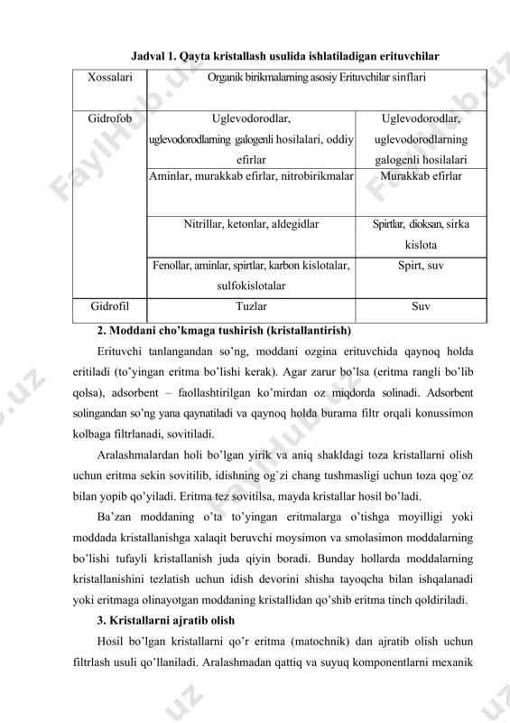 filtr qog`oz orqali boshqa idishga o’tkazib olish dekantatsiya deyiladi. qayta kristallash usulidan cho’kmaga tushirilgan kristallarni ajratib olish uchun past bosimda vakuum filtrlash asbobi qo’llanadi. agar kristallarning miqdori ko’p bo’lsa, filtrlash uchun bunzen kolbasi va byuxner voronkasi ishlatiladi (10-rasm). byuxner voronkasiga uning diametriga teng bo’lgan filtr qog`oz qo’yiladi va u bunzen kolbasiga o’rnatiladi, bunzen kolbasi esa rezina vakuum shlangi orqali suv nasosiga ulanadi. aralashma chayqatib turilgan holda byuxner voronkasiga quyiladi. voronkada toza kristallar qoladi, suyuqlik qismi bunzen kolbasiga o’tadi. filtrlash oxirida shisha probka yordamida siqiladi. yanada kam miqdordagi moddalarni filtrlashda so’rg`ichli probirkalarga o’rnatilgan voronkalaridan foydalaniladi. a) b) rasm 10. filtrlash asboblari a) vakuumda: 1) bunzen kolbasi, 2) byuxner voronkasi; b) kam miqdordagi moddalar uchun filtrlashda hozirgi vaqtda filtr qog`ozdan tashqari, sintetik materiallardan tayyorlangan filtrlar ham ishlatiladi. ular o’zlarining mexanik mustahkamligi, issiqqa chidamliligiga qaramasdan agressiv muhitlar ta’siriga ham barqarordir. konsentrlangan ishqor, kislotalar, oksidlovchilar asbest yordamida yoki shisha filtrlar shotta voronkasida filtrlanadi. ishqorlar, …